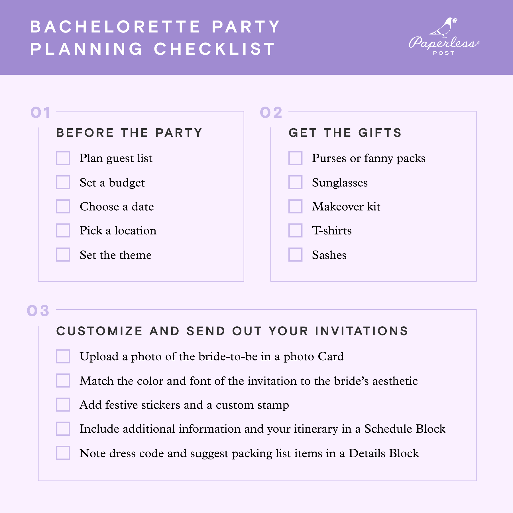 A bachelorette party planning checklist divided into three sections.