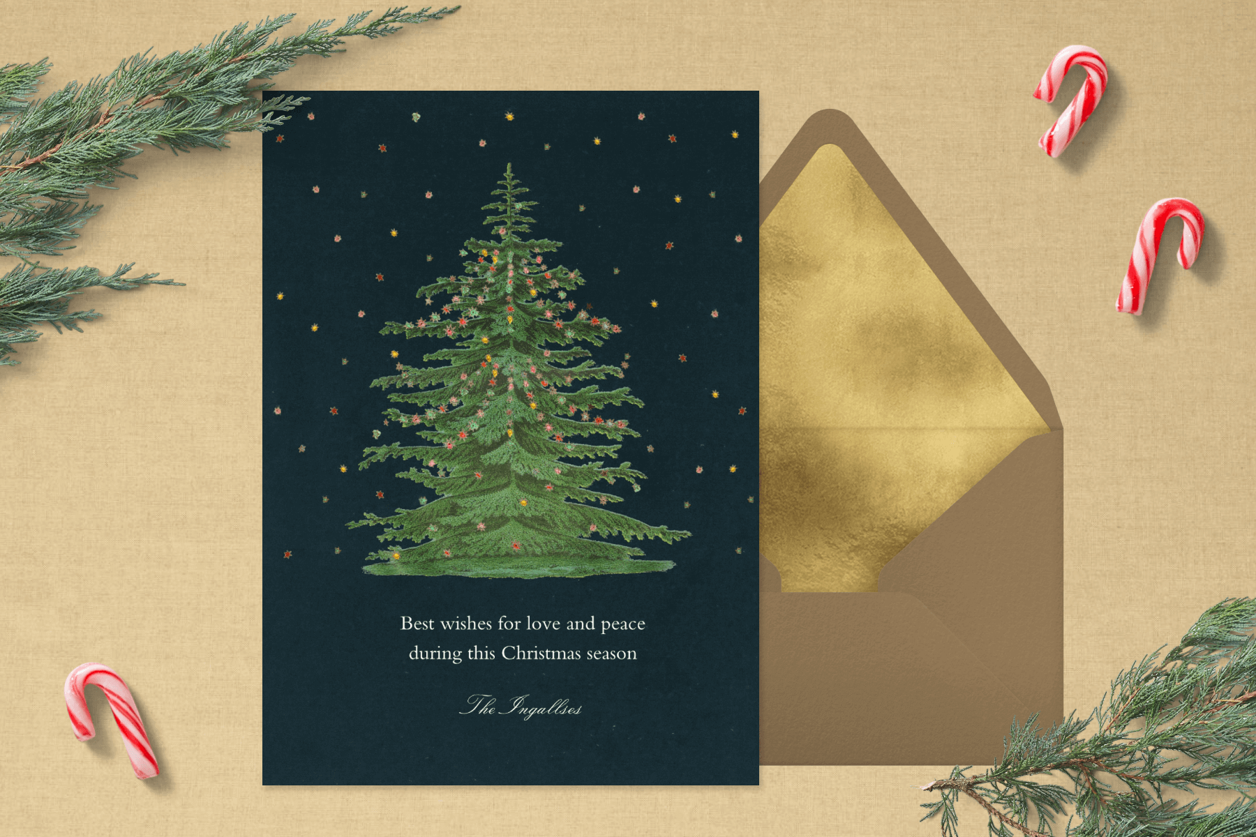 A card with a Christmas tree and colorful stars over a background with candy canes and greenery.