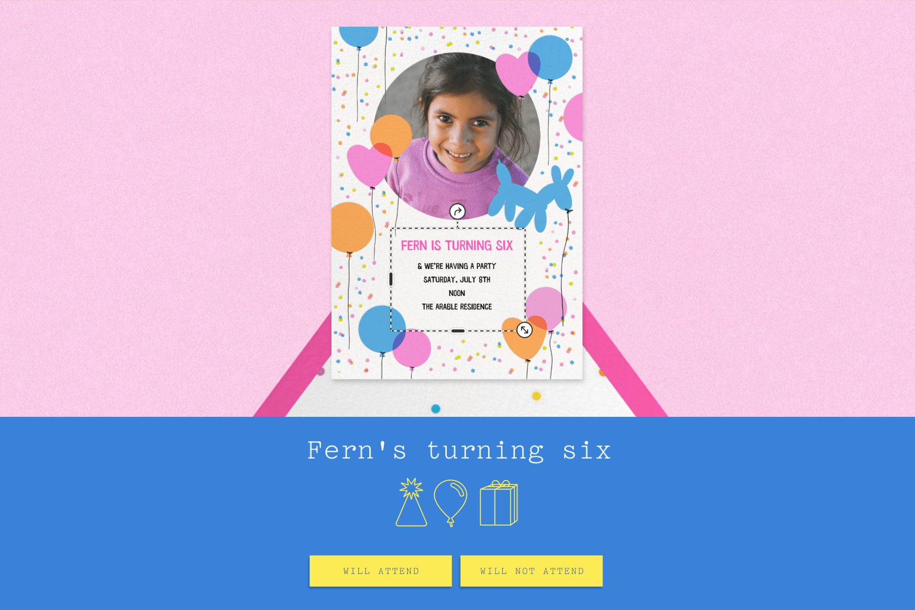 A kids’ birthday invitation and event page featuring a photo, balloons, and confetti.