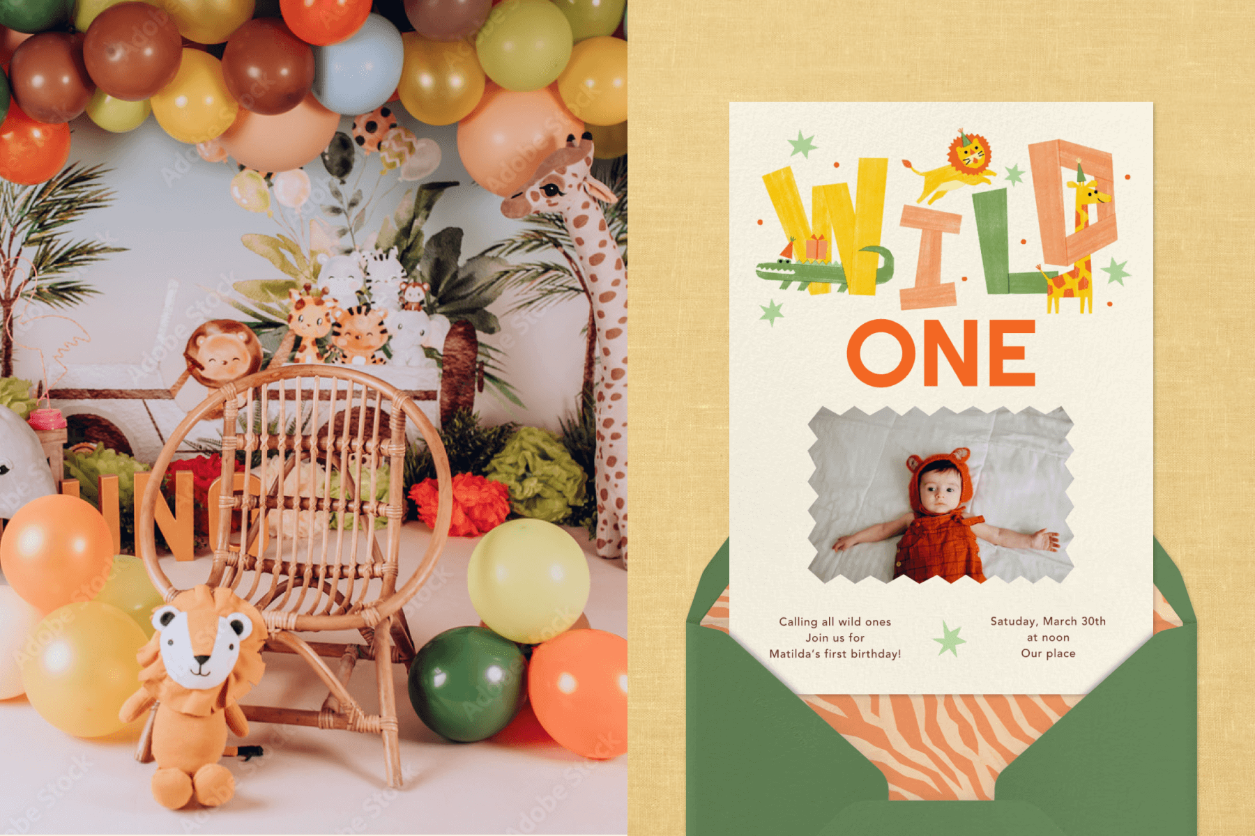 A small, circular, wooden chair surrounded by orange, yellow, green, and brown balloons, a lion stuffed animal, a giraffe stuffed animal, and a wall backdrop with cartoon jungle animals; A 1st birthday invitation reading ‘WILD ONE’ in colorful text with a baby photo and illustrations of jungle animals. 