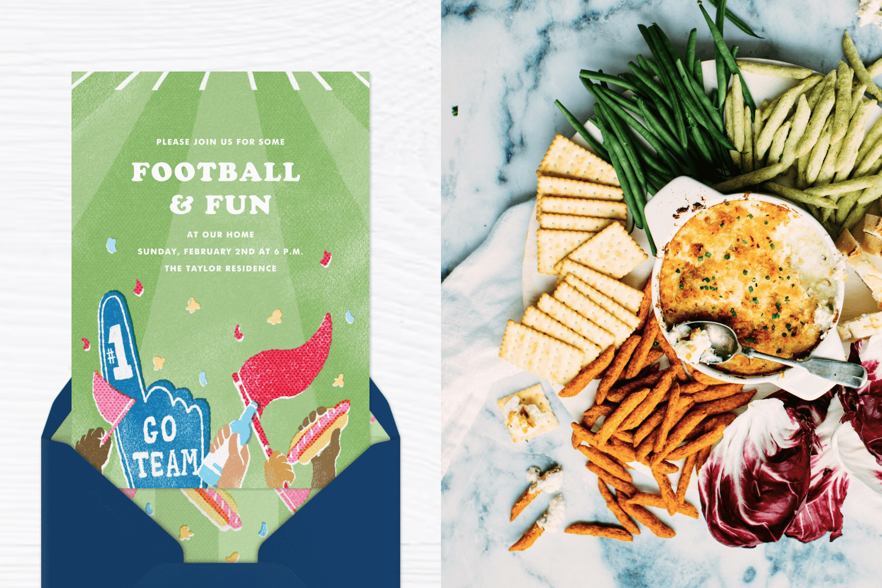 An invitation for a watch party featuring a football field, confetti, and hands holding up a foam finger, a hot dog, and flags: A marble table with a platter of crackers, veggies, and a dip. 