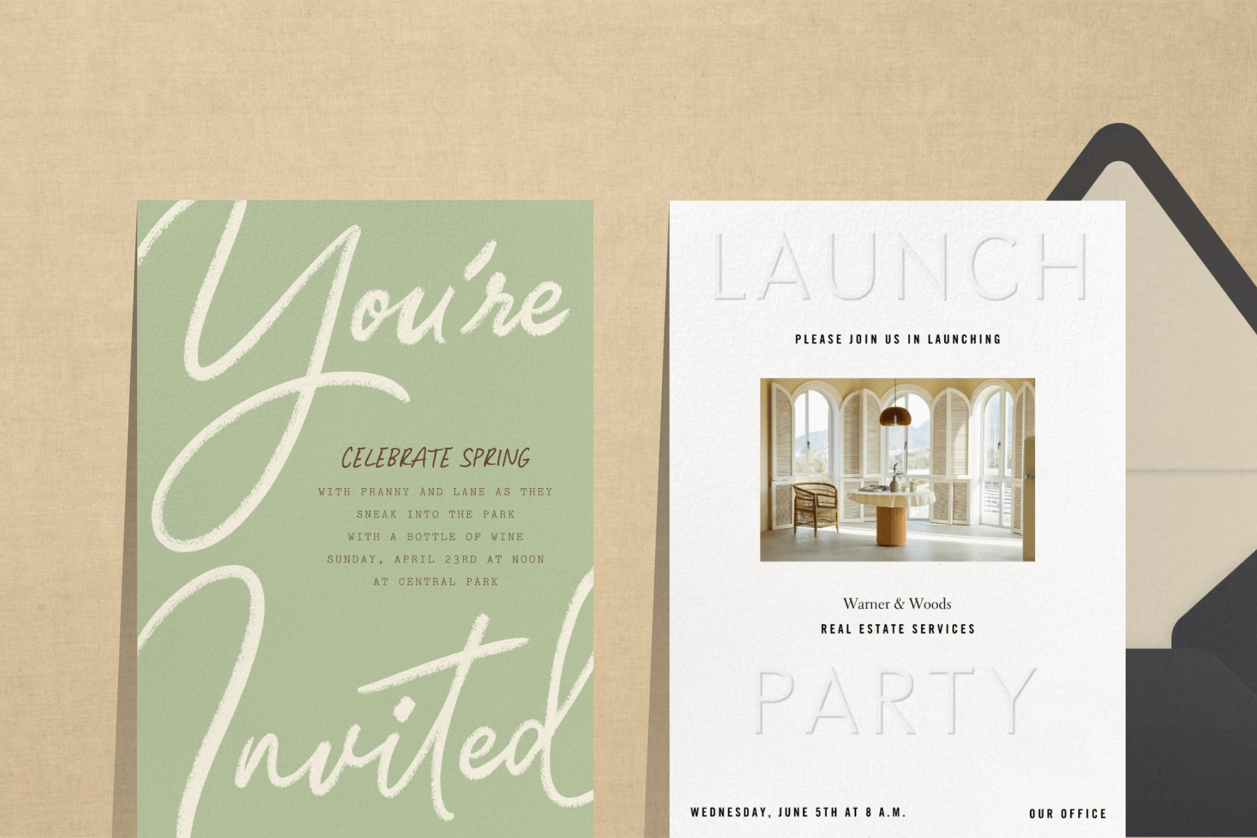 A light green invitation with large, white, cursive text reading ‘YOU’RE INVITED’; A launch party invitation with a photo of a building’s interior. 