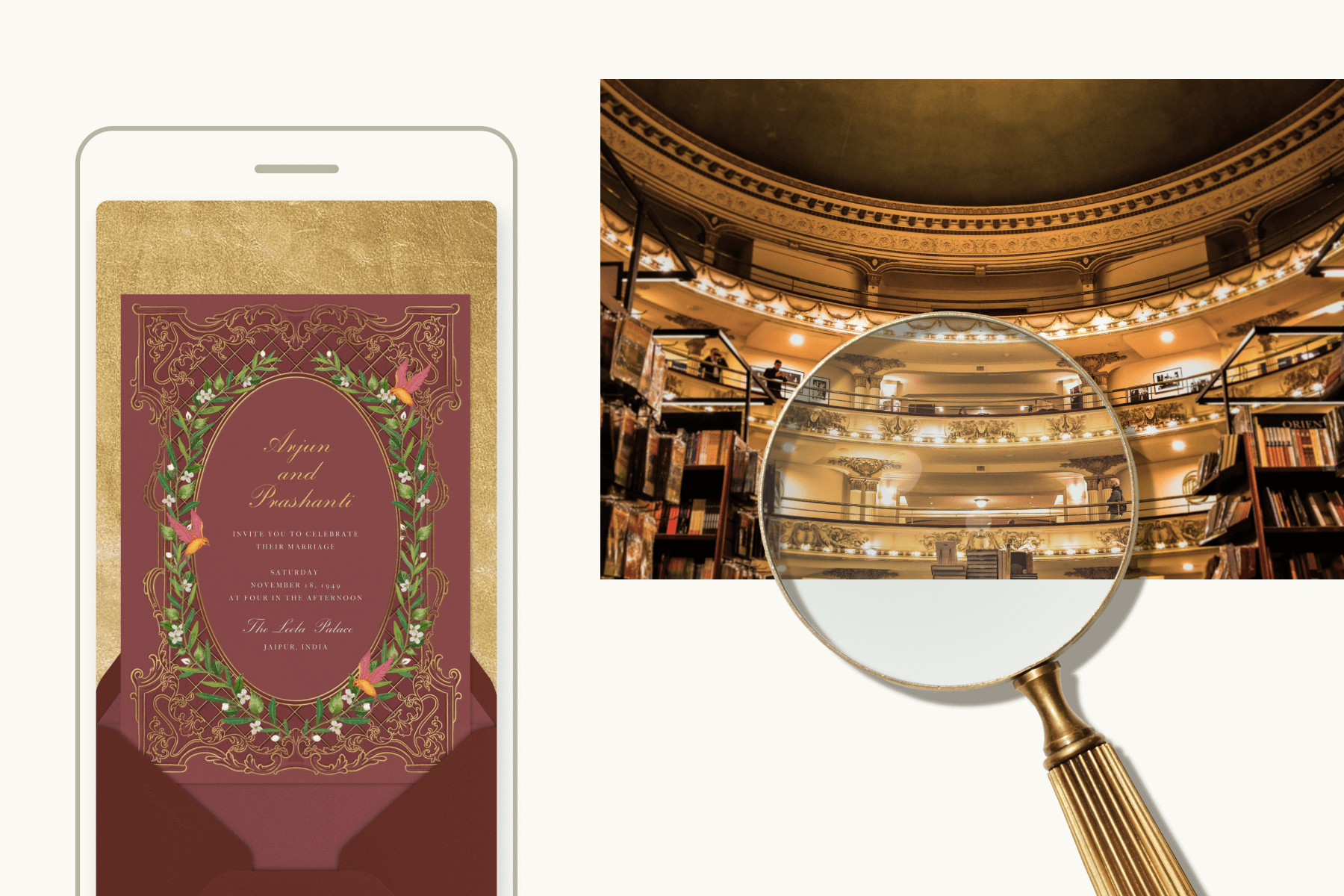 A brown wedding invitation with gold cursive text, a circular frame of greenery, and gold embellishments; A multi-floored library and a magnifying glass. 