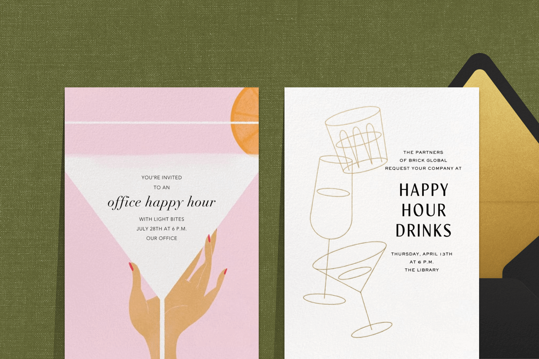 An office happy hour invitation with a hand holding a martini glass on a pink background; A happy hour invitation with line drawings of various drink glasses on a white background.