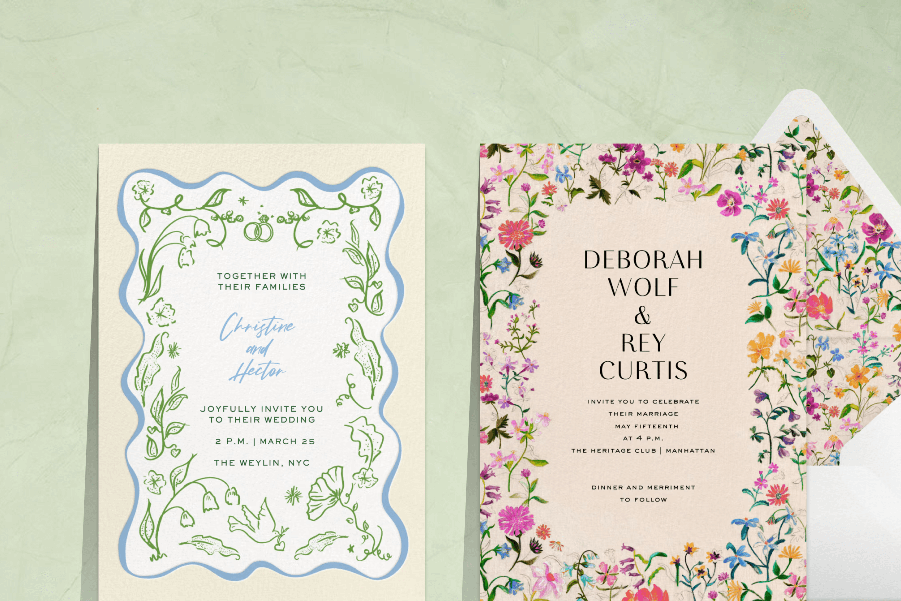 A beige and white wedding invitation with a blue wavy border and green floral illustrations; A beige wedding invitation with a bordering frame of colorful flowers. 