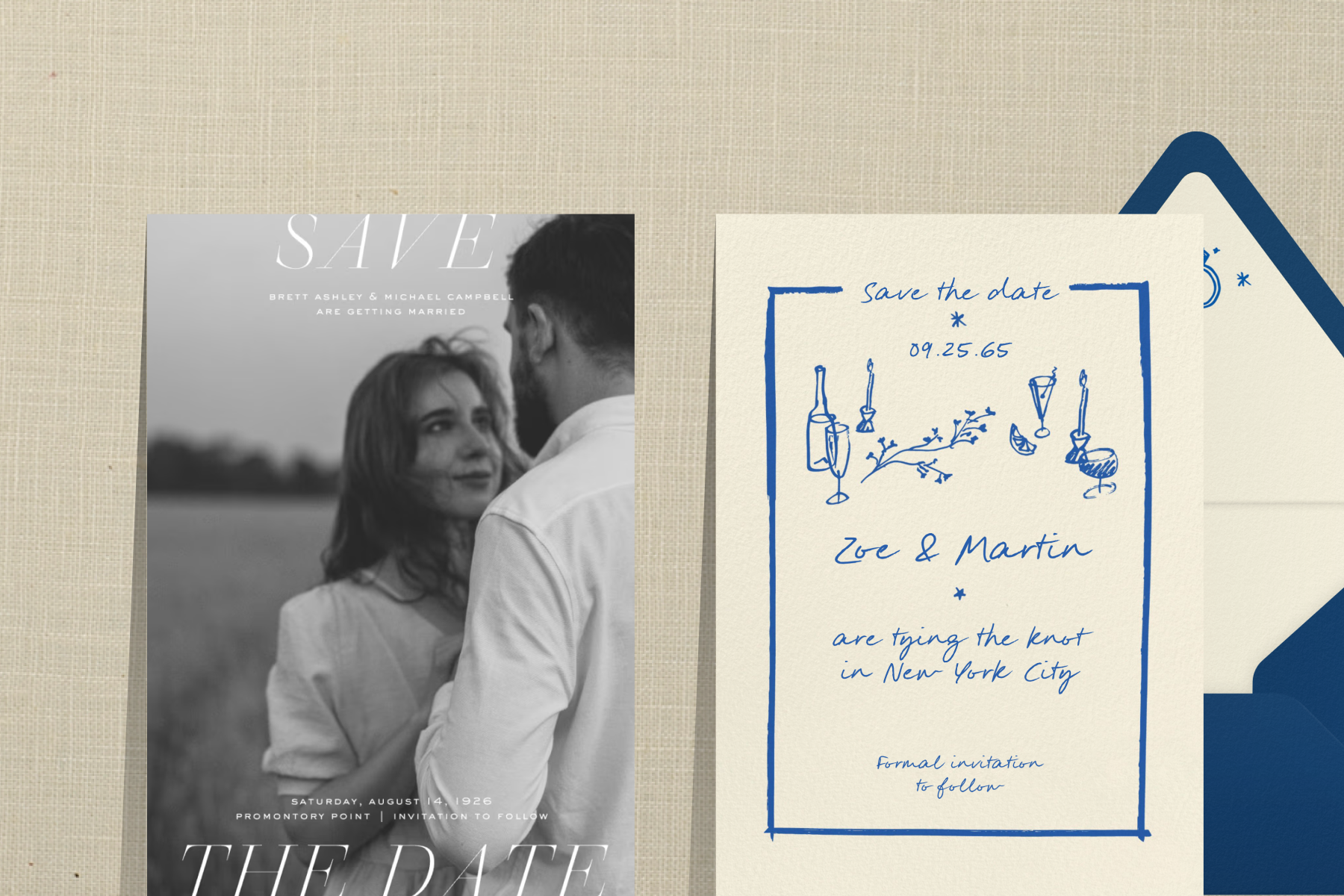 A save the date with a black and white photo and white text; A save the date with blue cursive text, line drawings of drinks and candles, and a blue line border. 