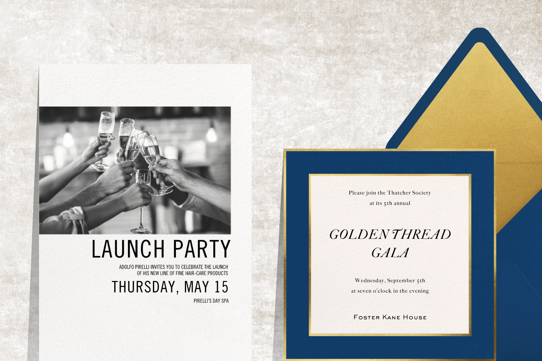 A black and white launch party invitation with a photo of Champagne glasses; A gala invitation with a blue and gold border. 