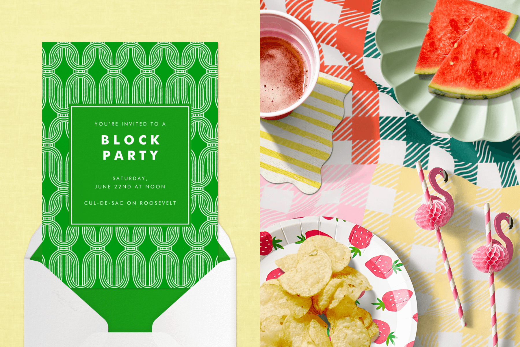 A green block party invitation; a colorful picnic tablecloth set with watermelon slices, chips, a drink, and pink flamingo straws. 