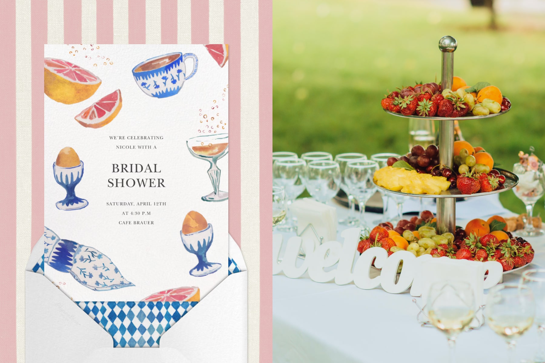 A bridal shower invitation with drawings of drinks, grapefruit, eggs in saucers, and tea cups; A table set with wine glasses and a three-tiered tray of various fruits.