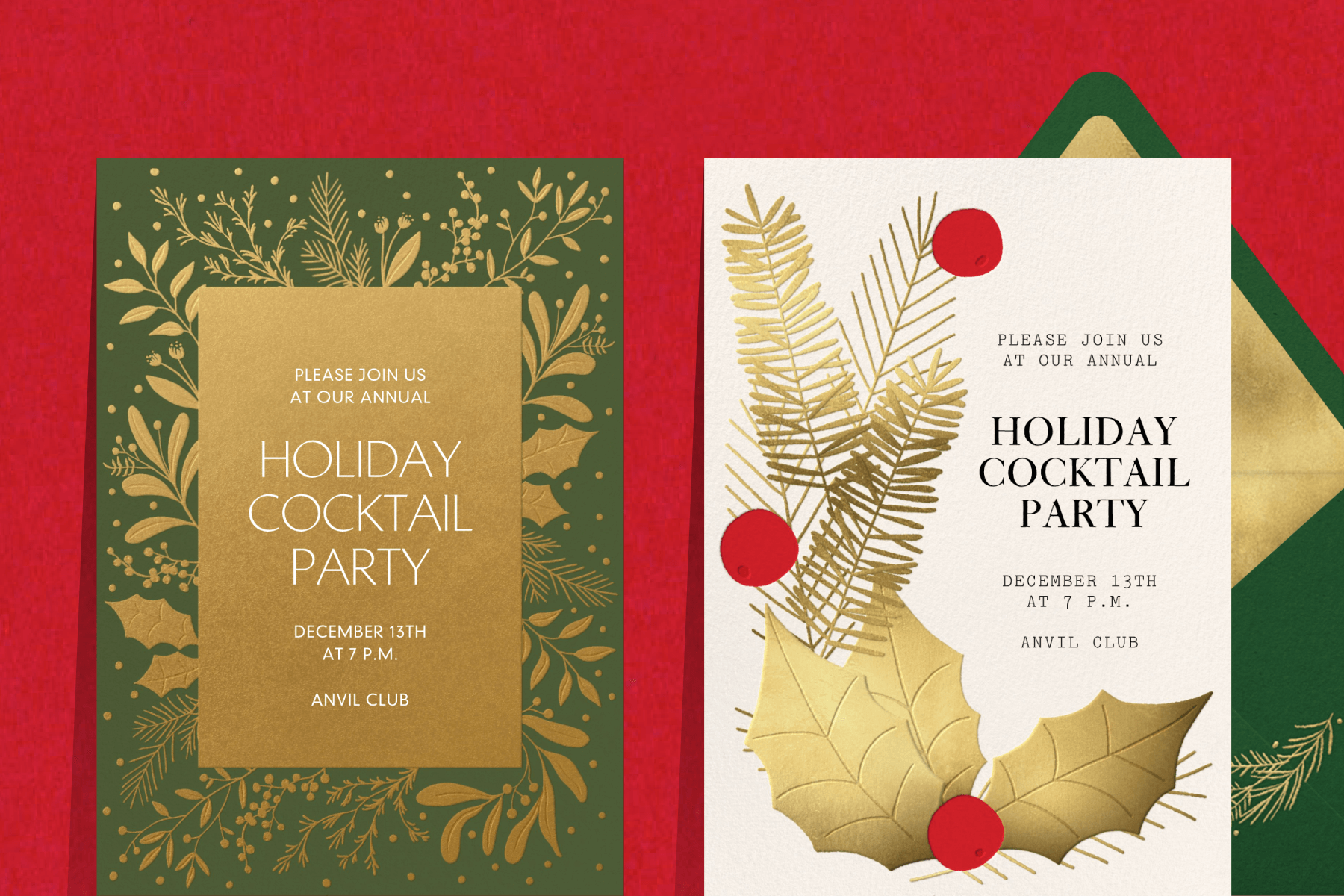 A gold and green holiday cocktail party invitation with gold leaves; A white holiday cocktail party invitation with gold leaves and red berries.