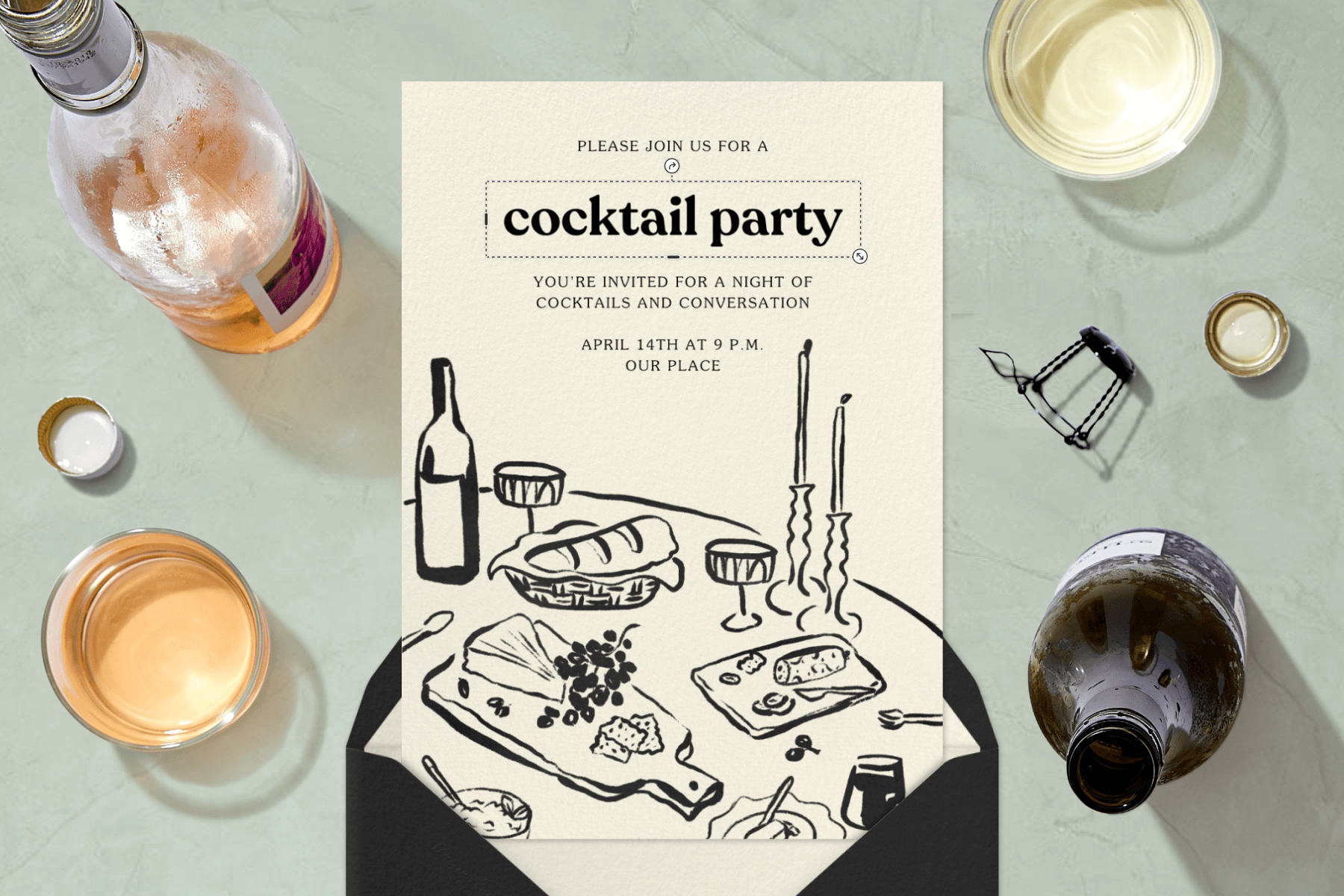 A cocktail party invitation with a doodle-style illustration of a table with cheese, charcuterie, candles, and drinks surrounded by actual bottles and drinks.