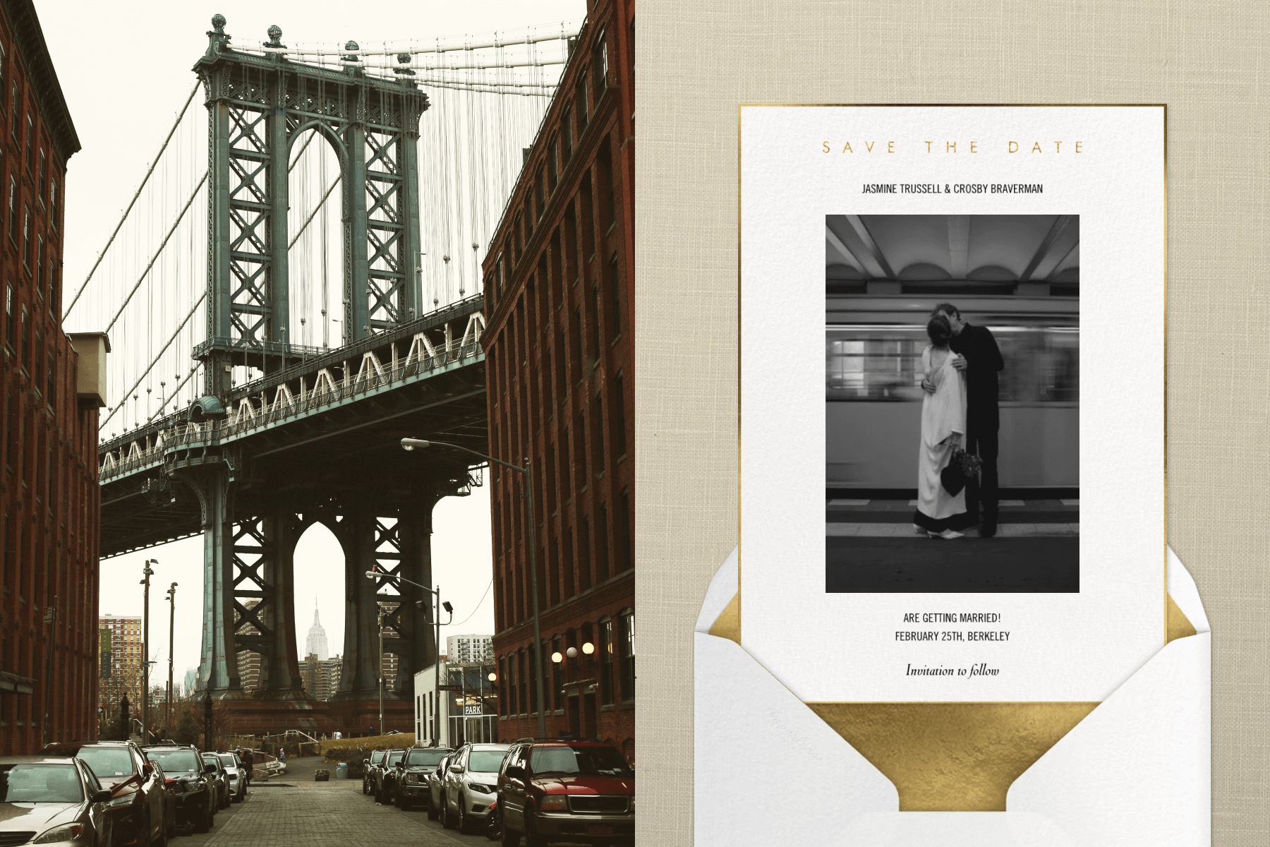 A photo of a New York City street leading up to a bridge; A save the date featuring a black and white photo of a couple kissing in front of a moving train.