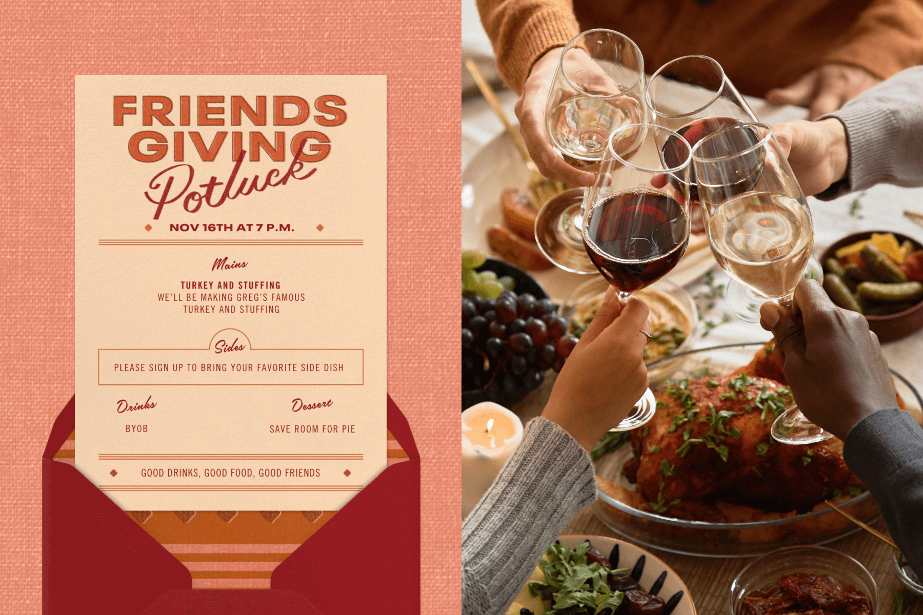 A Friendsgiving potluck invitation; Wine glasses clinking over a table of food.