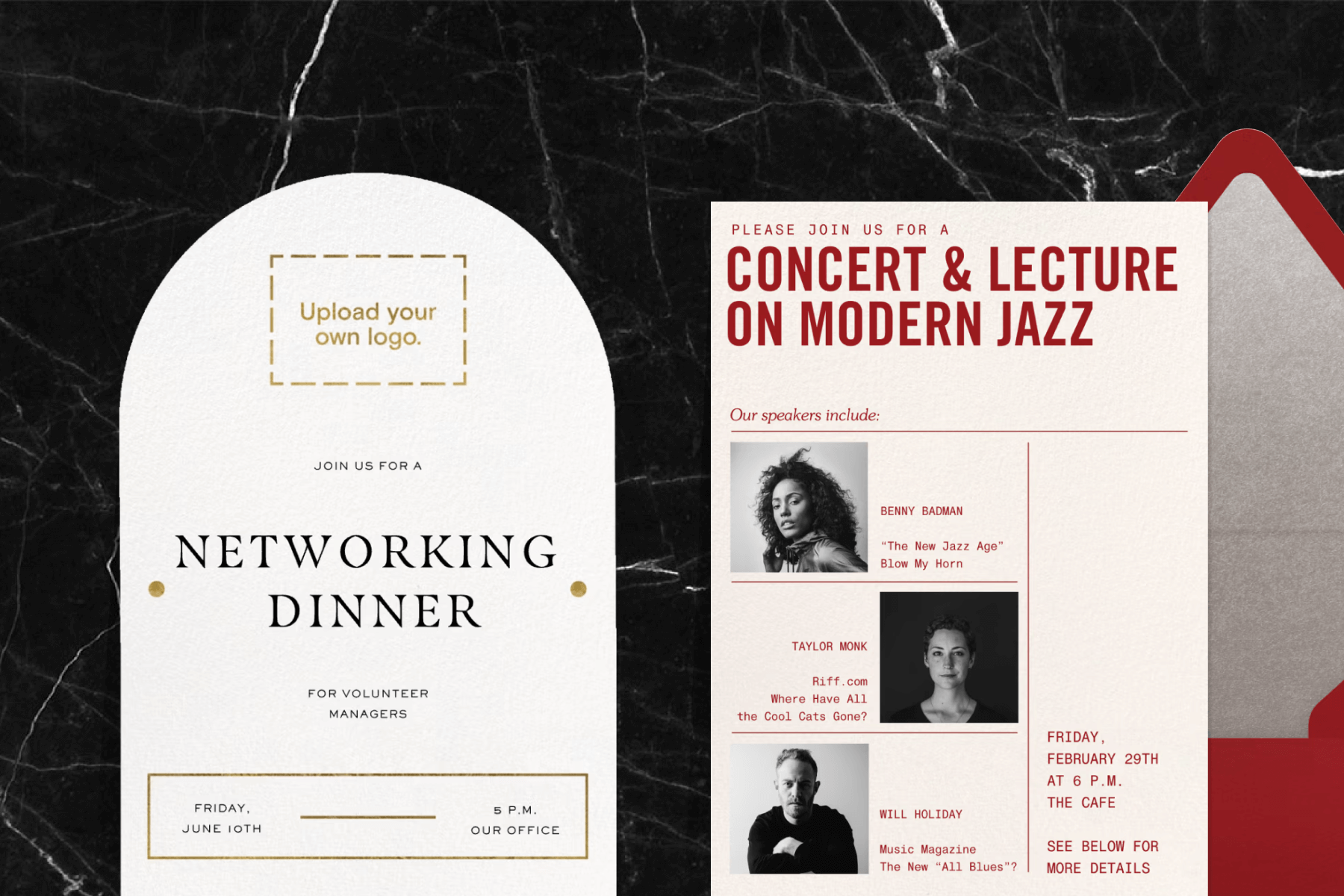 An invitation for a networking dinner; An invitation for a concert and lecture.