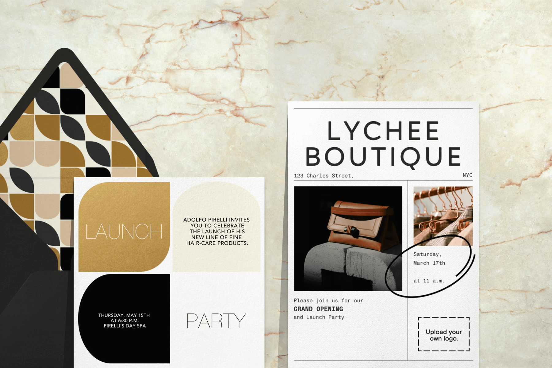 A gold, black, and white launch party invitation; A grand opening invitation featuring photos and a space to upload your own logo. 