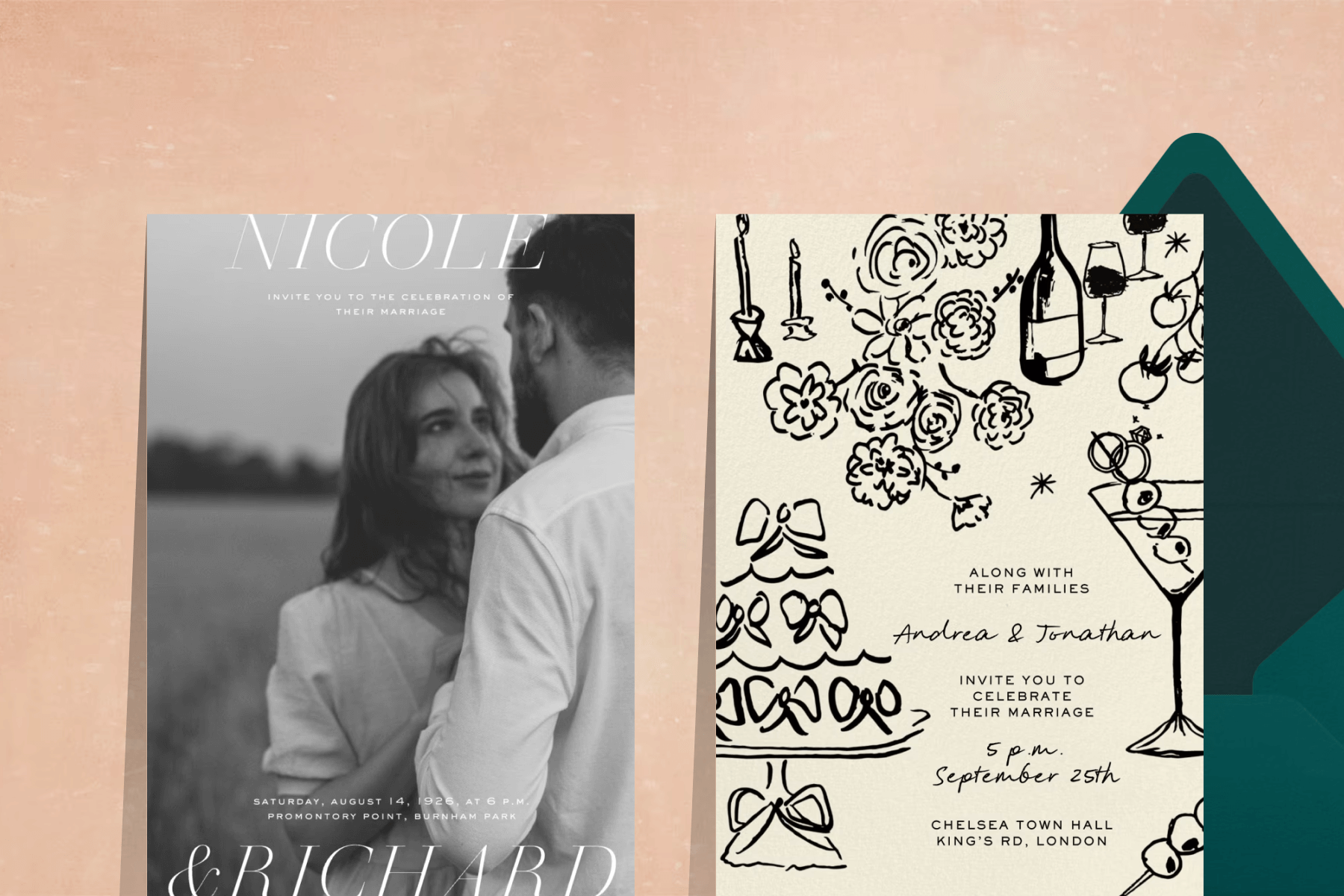 A wedding invitation featuring a black and white photo of the couple; A wedding invitation featuring scribble-style line drawings of cake, flowers, and wine. 