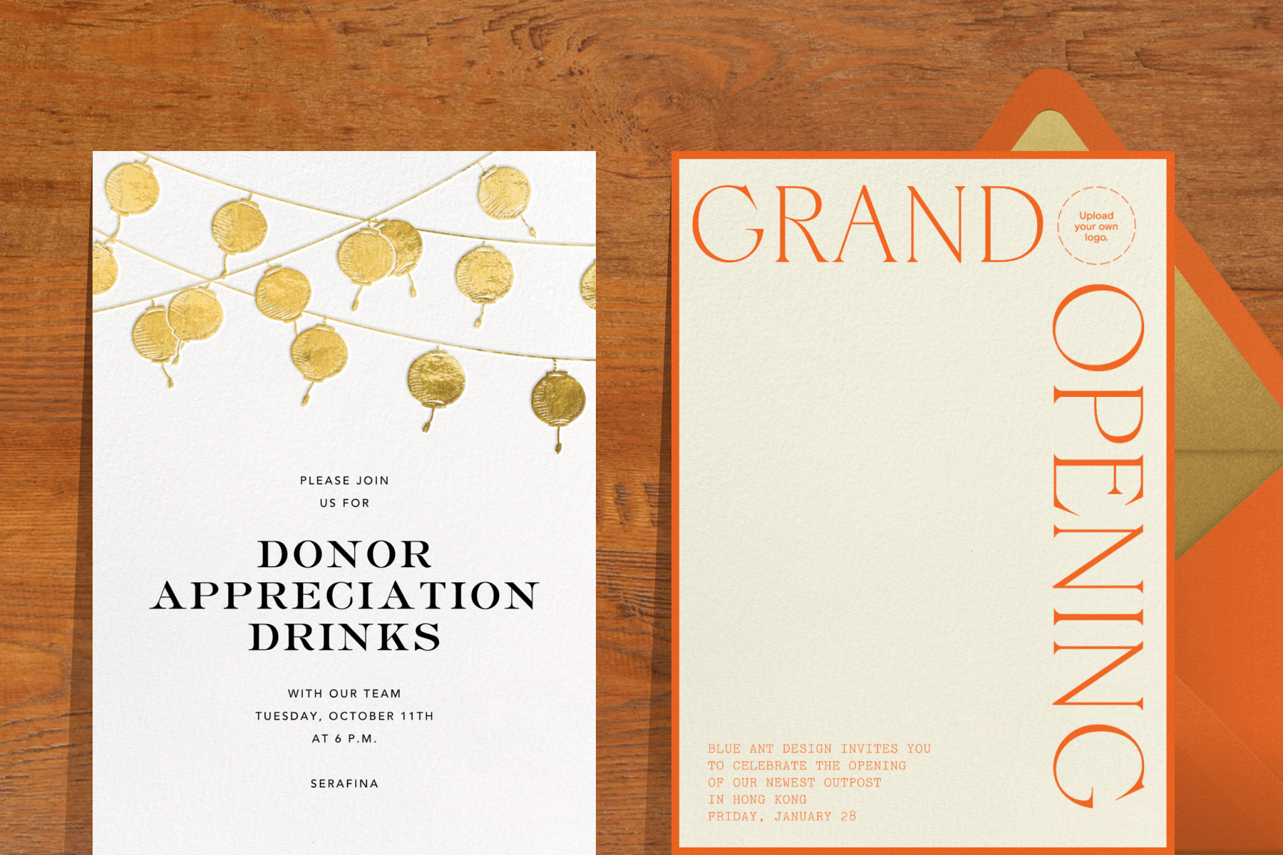 A donor appreciation drinks invitation with gold lanterns; A grand opening invitation with orange lettering. 