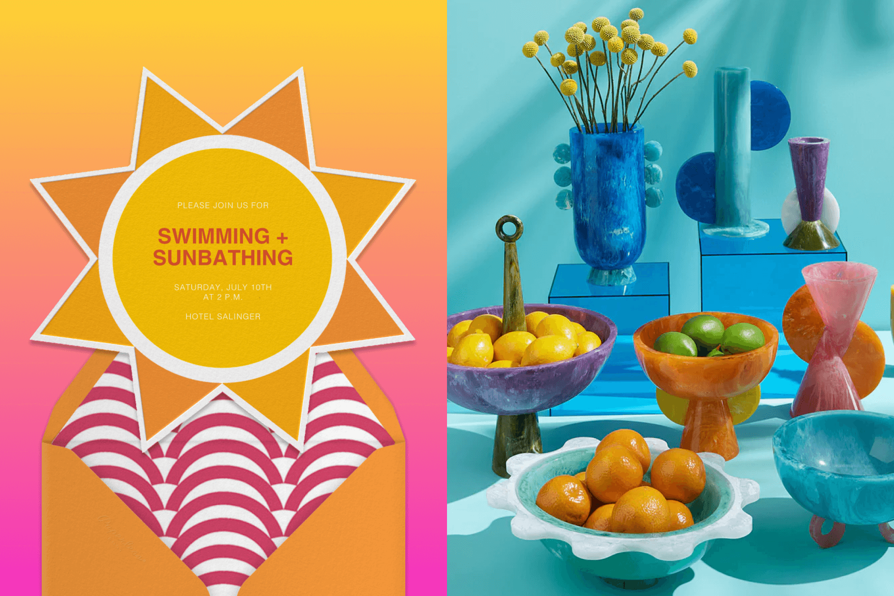 An invitation shaped like a sun on a pink and orange background; A blue table with colorful bowls of lemons, limes, oranges, and colorful vases. 