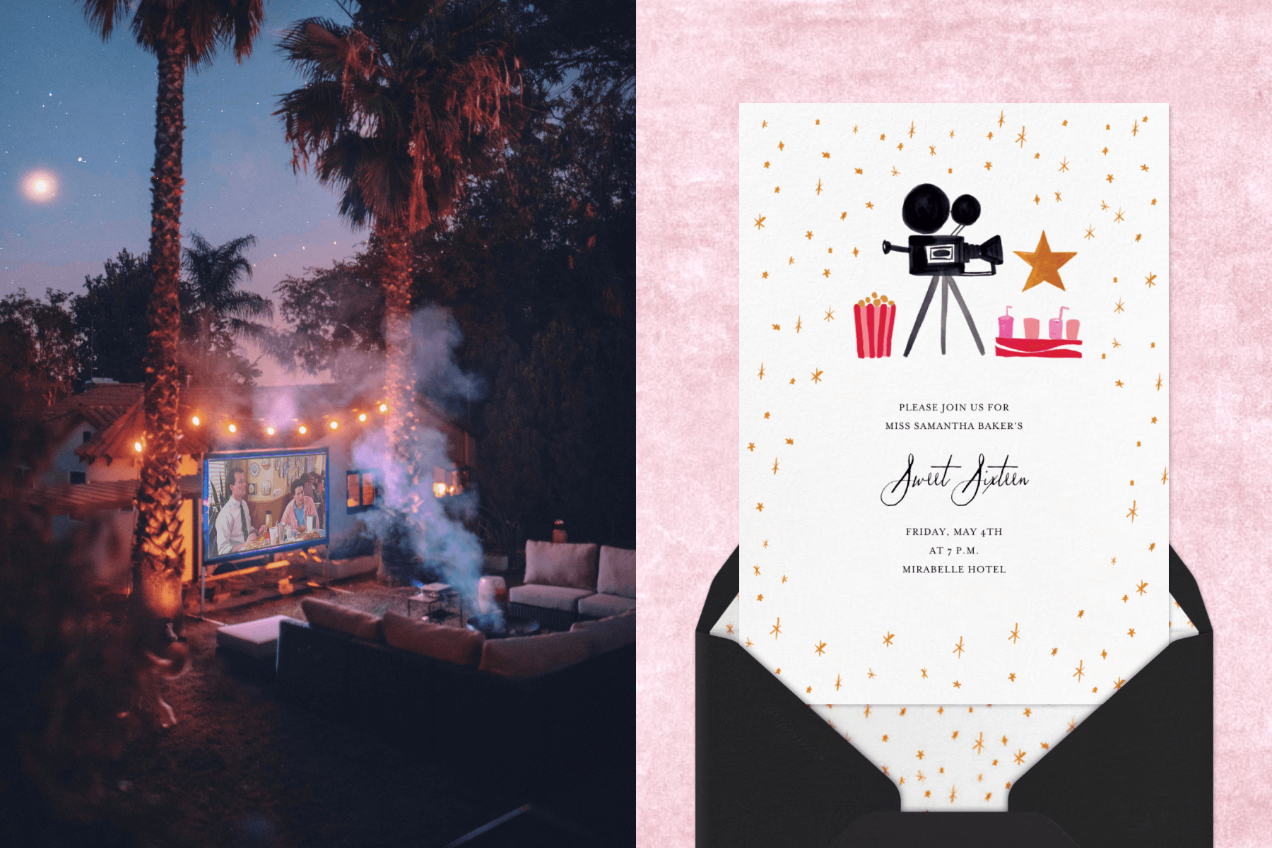 An outdoor movie screen with string lights, a large couch, and palm trees; An invitation for a sweet sixteen party with illustrations of a film camera, popcorn, and soda, decorated with gold stars. 