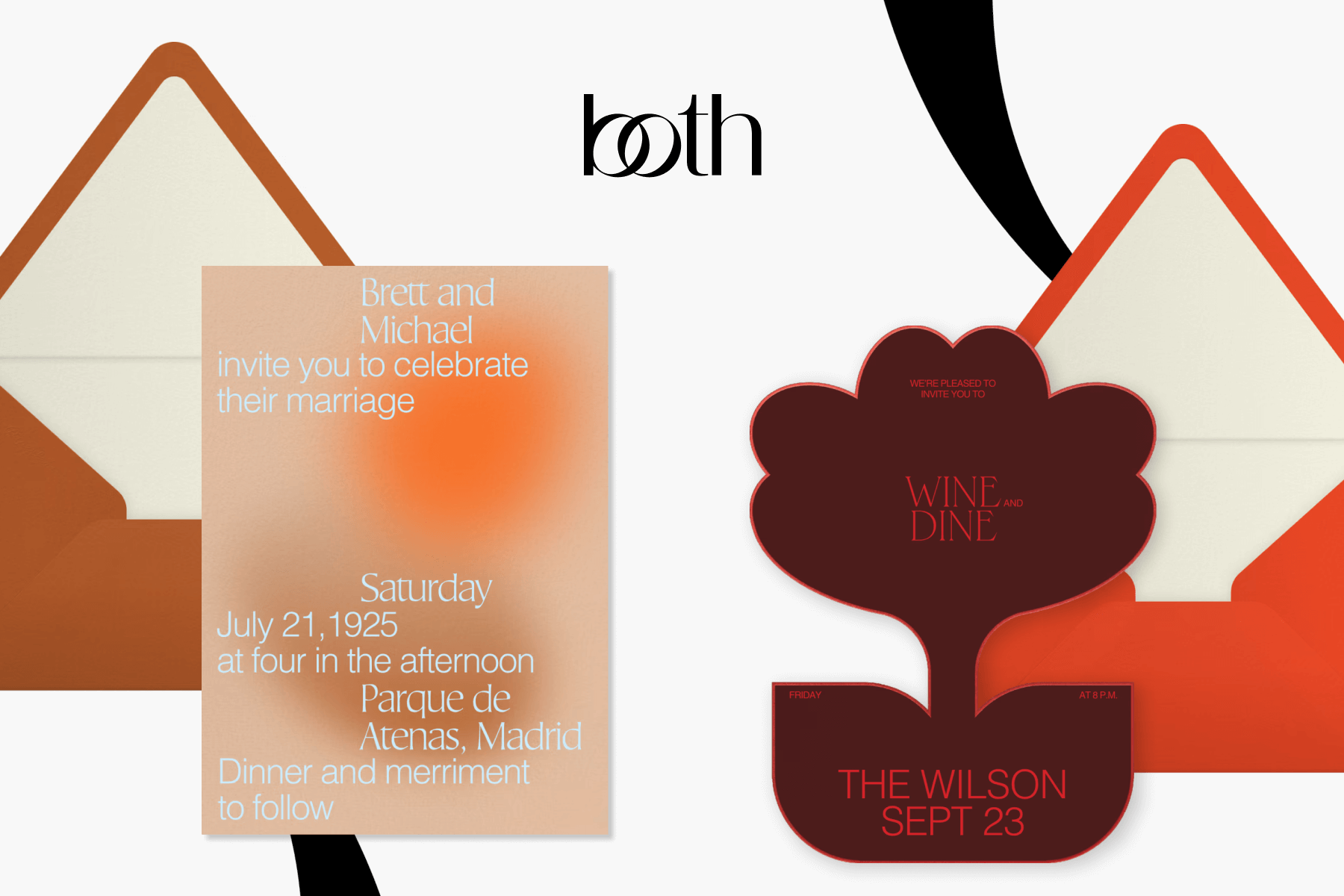 The logo for “both” above two invitations: A beige, brown, and orange gradient-style wedding invitation with light blue text; A dark brown dinner party invitation in the shape of a flower with red text.