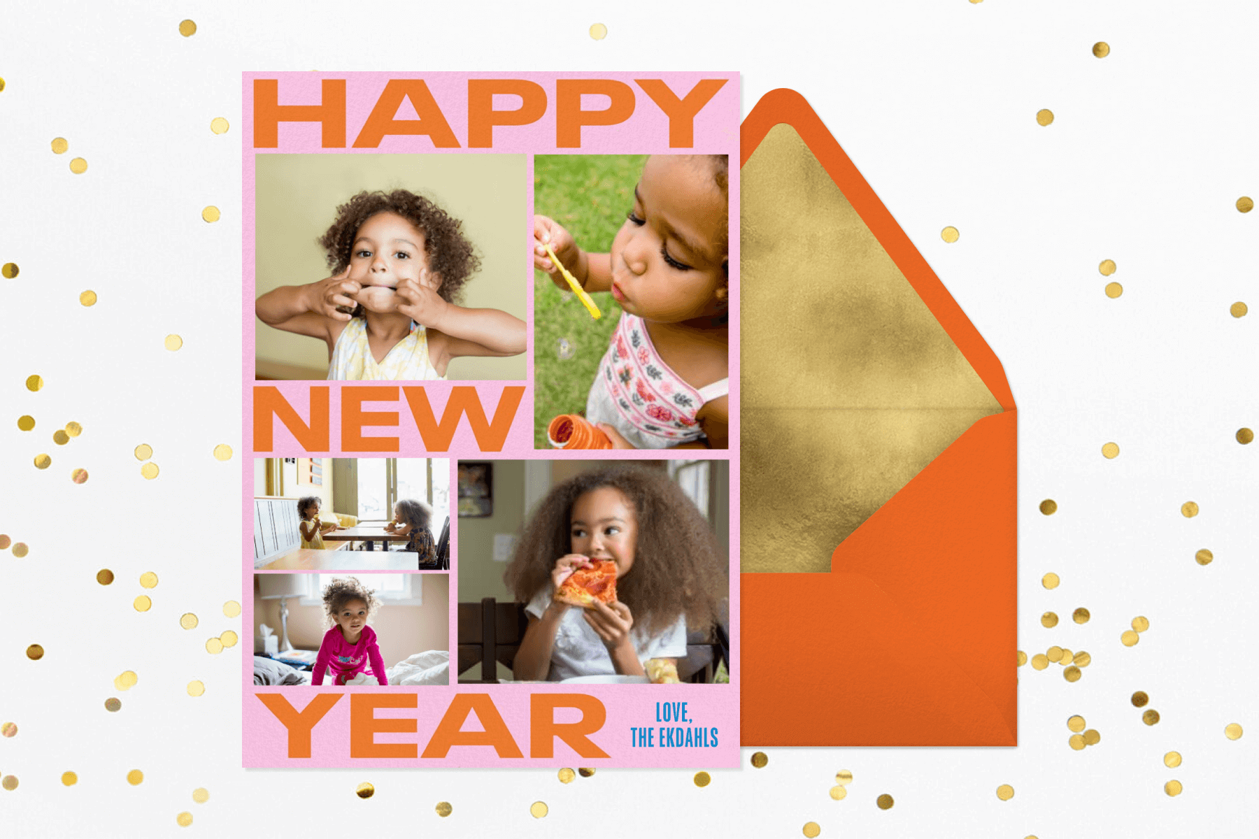 A pink New Year card with orange text and multiple family photos over a background of gold confetti and an orange and gold envelope. 