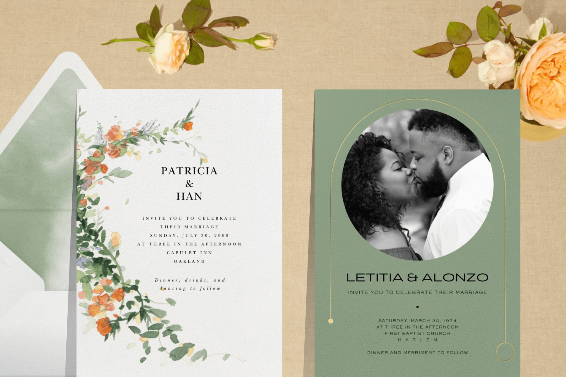 A white wedding invitation with orange watercolor florals; A green wedding invitation with a black and white photo in a circle. 