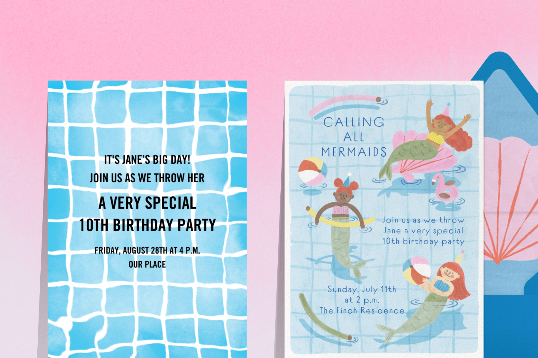 Two pool party invitations over a pink background.