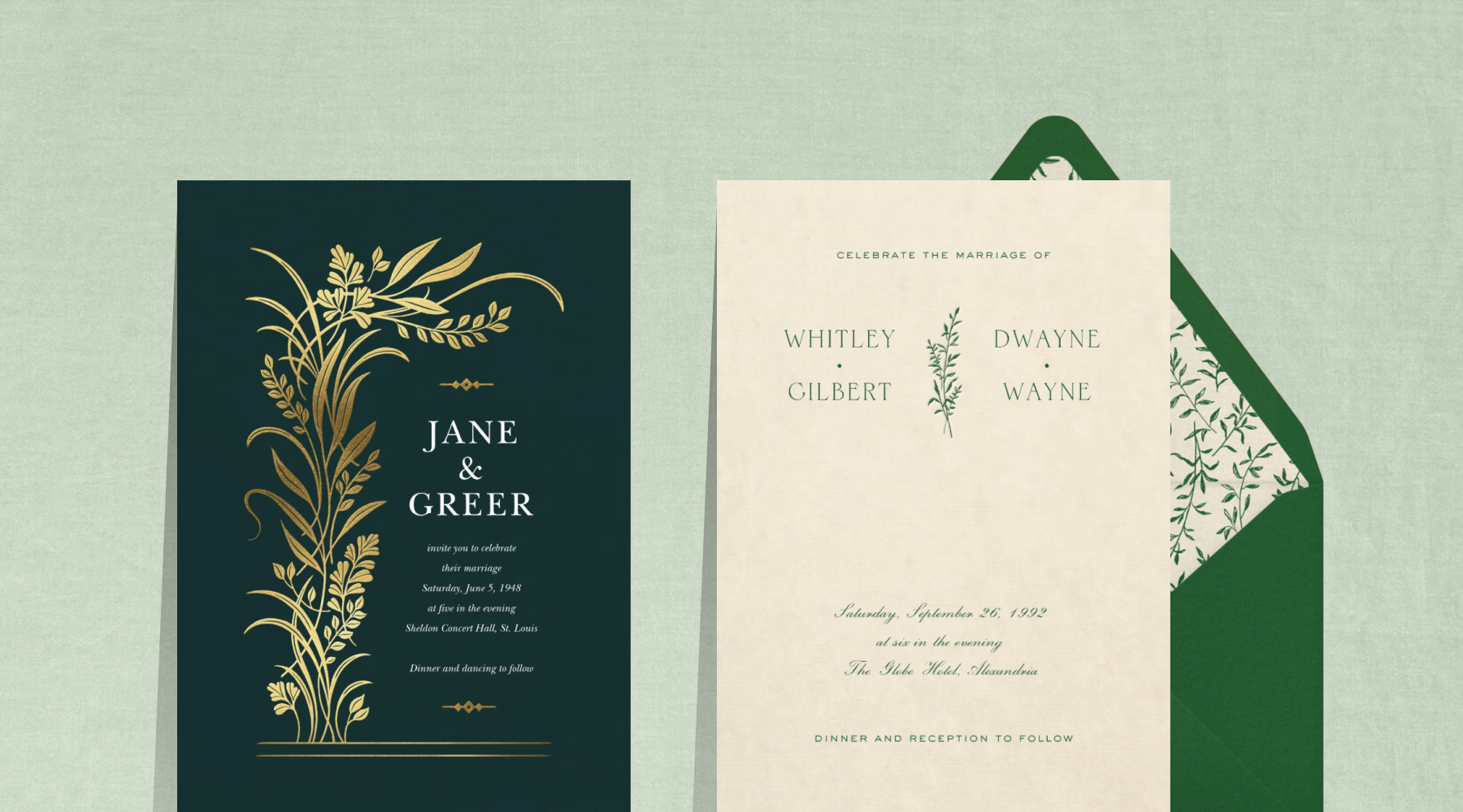 A dark green wedding invitation with a gold floral design; An off-white wedding invitation with dark green text and small decorative greenery. 