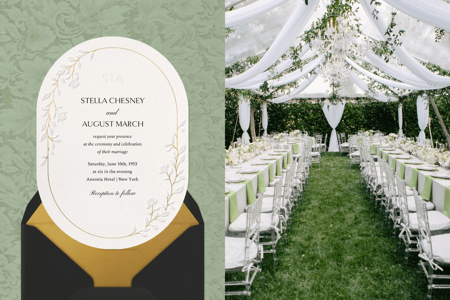 An oval-shaped white wedding invitation with a gold border with white leaves; A wedding venue with grass, white tables and chairs, and white draped fabric with greenery. 