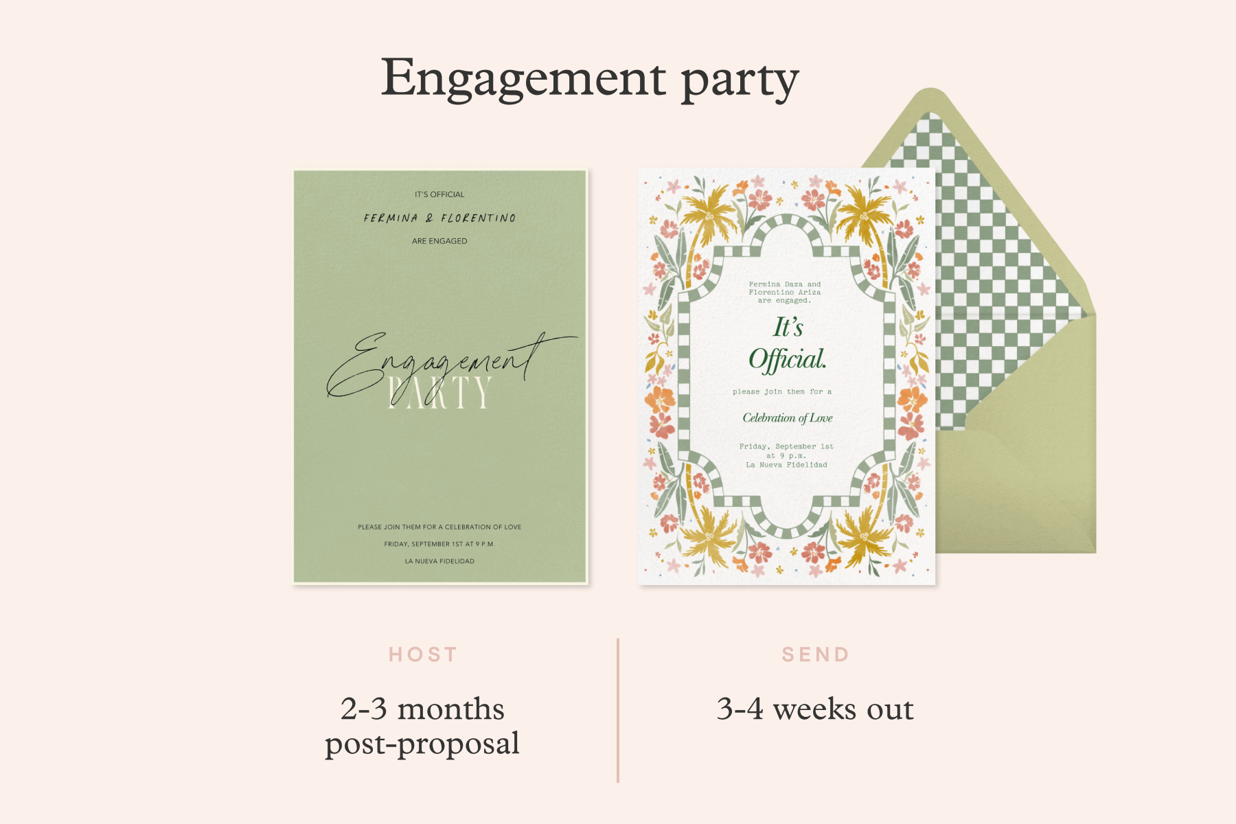 A graphic featuring a green engagement party invitation and a white engagement party invitation with a border of flowers and palm trees in front of a green envelope, along with text stating that engagement parties should happen 2-3 months post-proposal, and engagement party invitations should be sent 3-4 weeks out. 