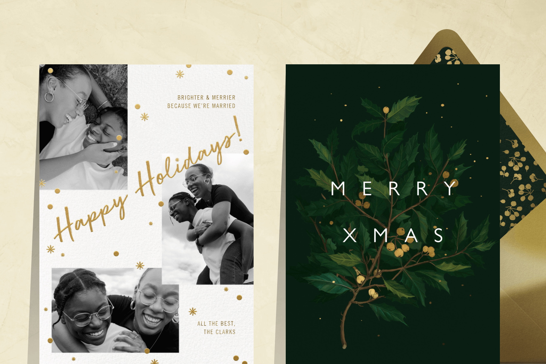 A holiday card featuring three black and white couple photos; A dark green Christmas card with a tree and text reading ‘MERRY XMAS’. 