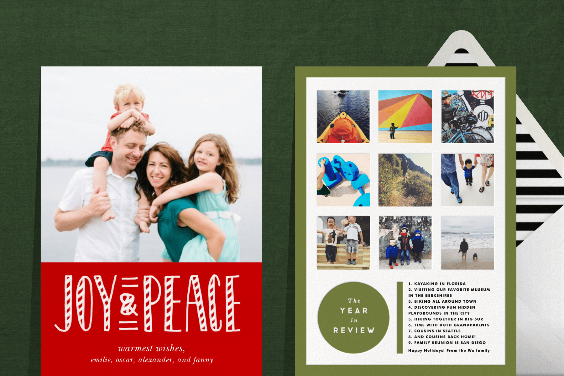 A card with a family photo and text reading ‘JOY AND PEACE’; A year-in-review card with 9 photos and a corresponding list of what they are. 