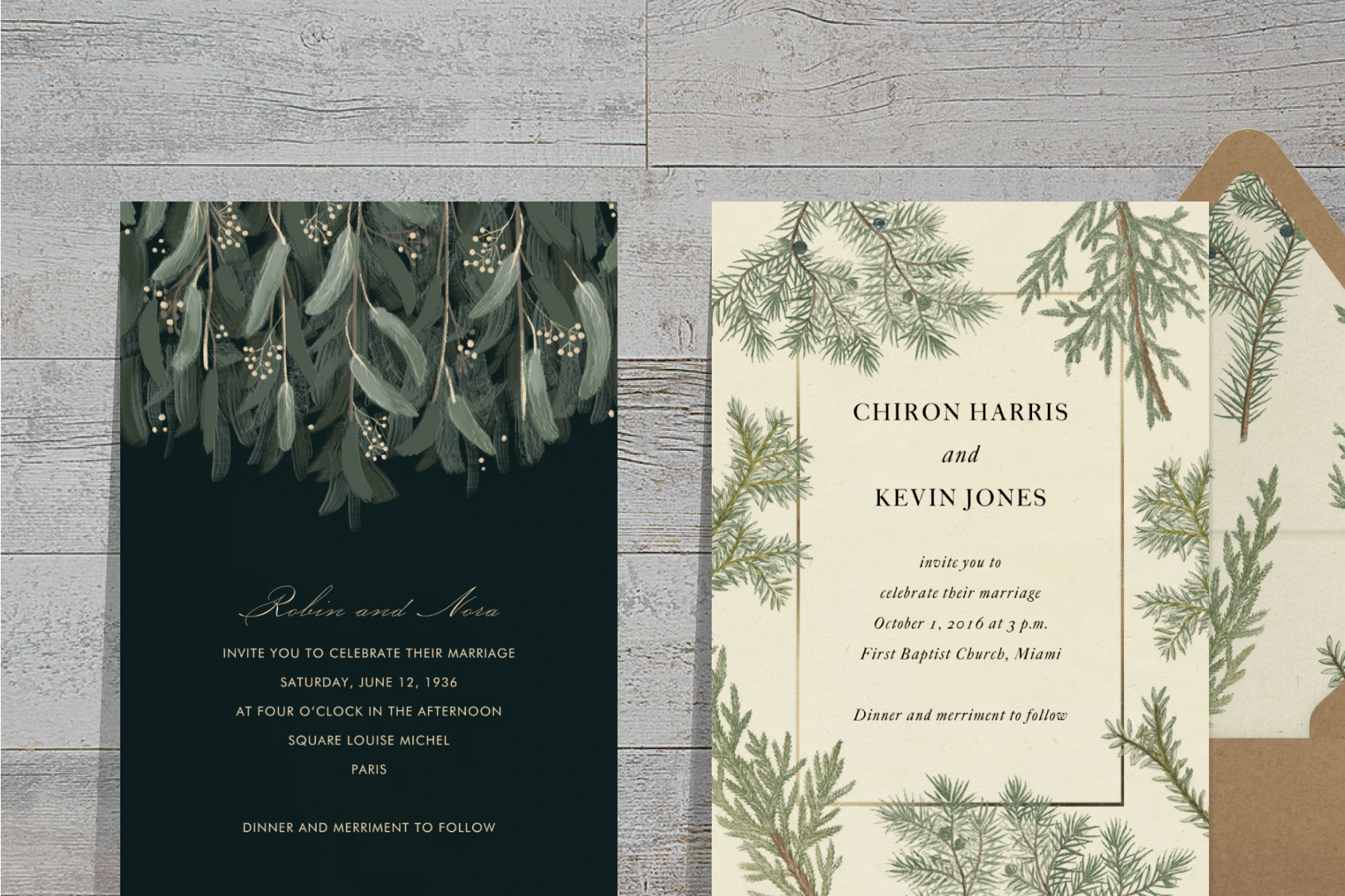 A dark green wedding invitation featuring hanging greenery; A beige wedding invitation featuring a border of green branches. 