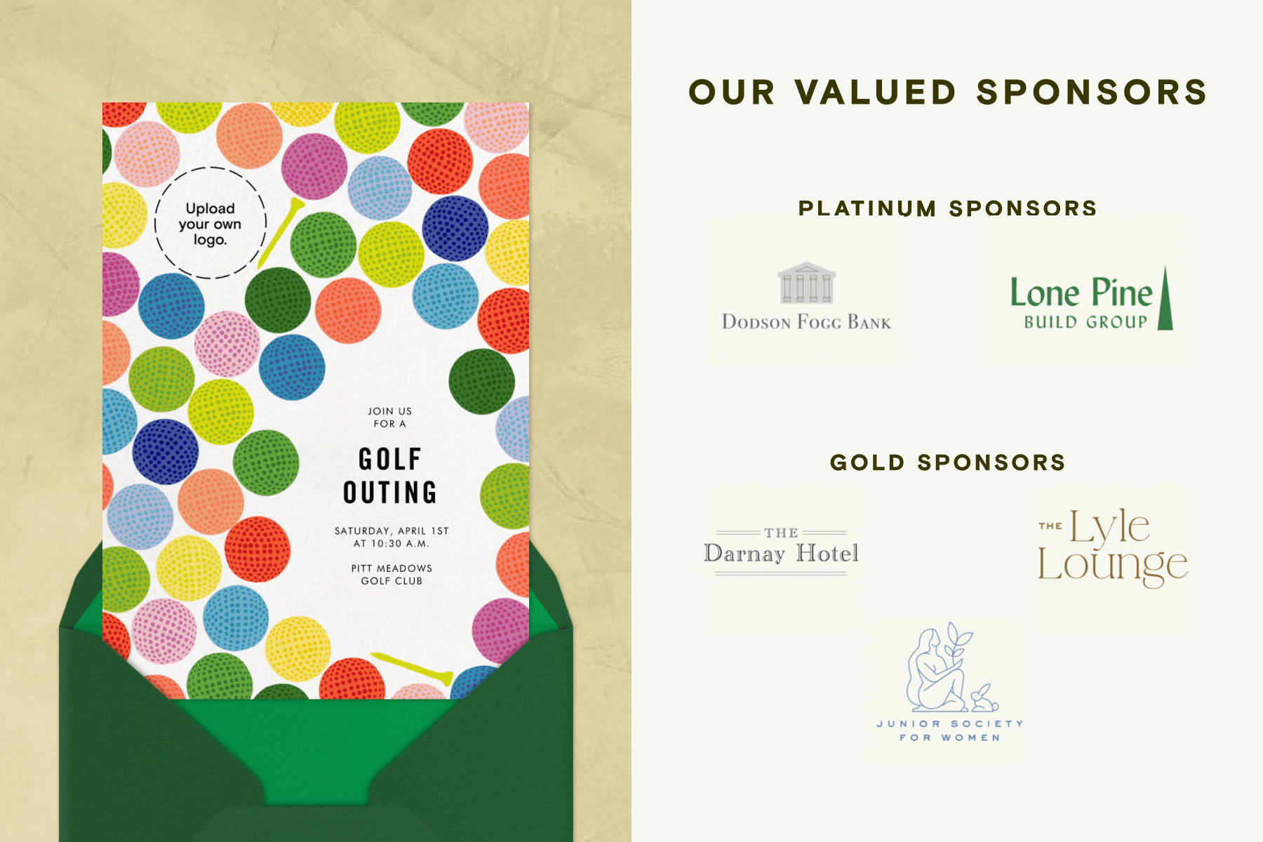 An invitation with colorful golf balls and a green envelope; the logos of several businesses with the title OUR VALUED SPONSORS.
