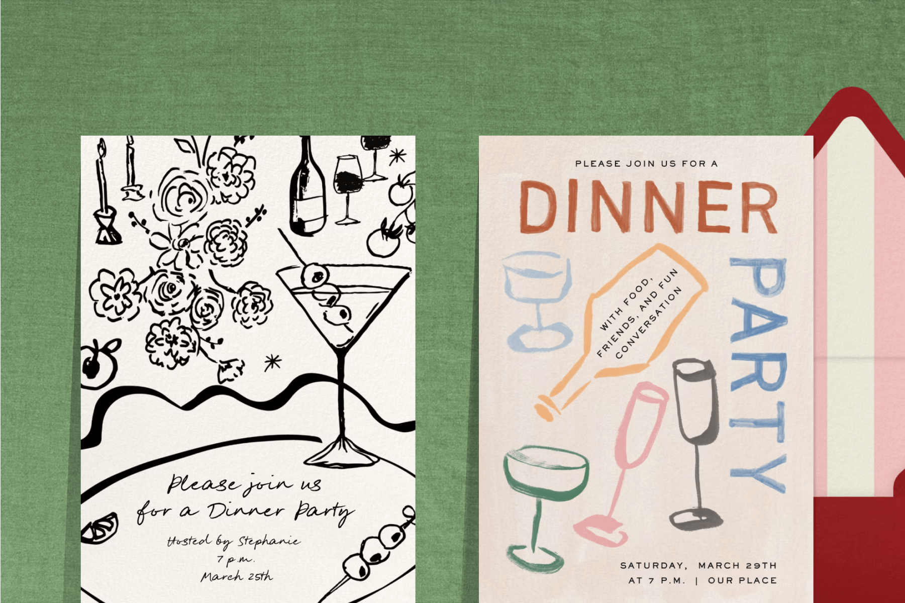 A white dinner party invitation with black illustrations of a martini, flowers, candles, and wine; An off-white dinner party invitation with colorful pastel illustrations of wine glasses and a wine bottle.