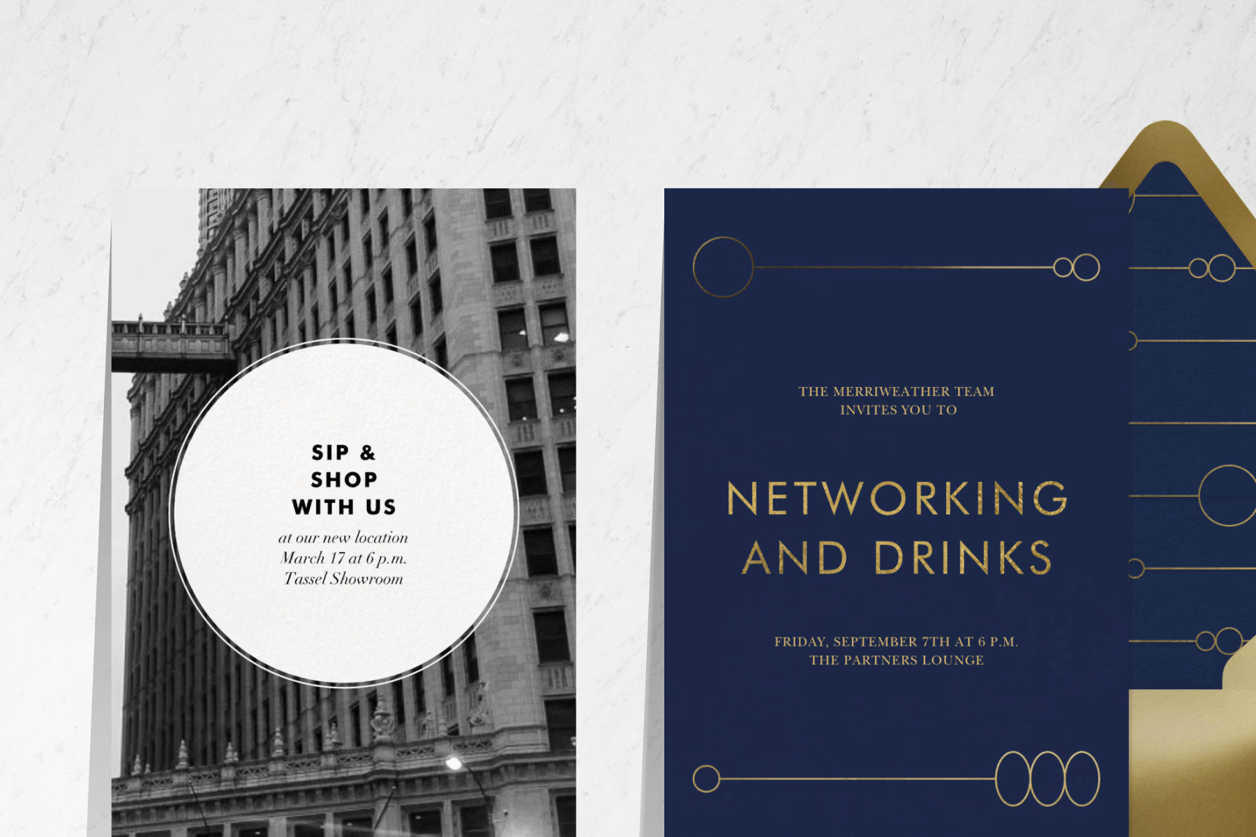 An off-white launch party invitation featuring a photo of clothes and black cursive text; A dark blue networking invitation featuring gold text, gold lines, and circles. 