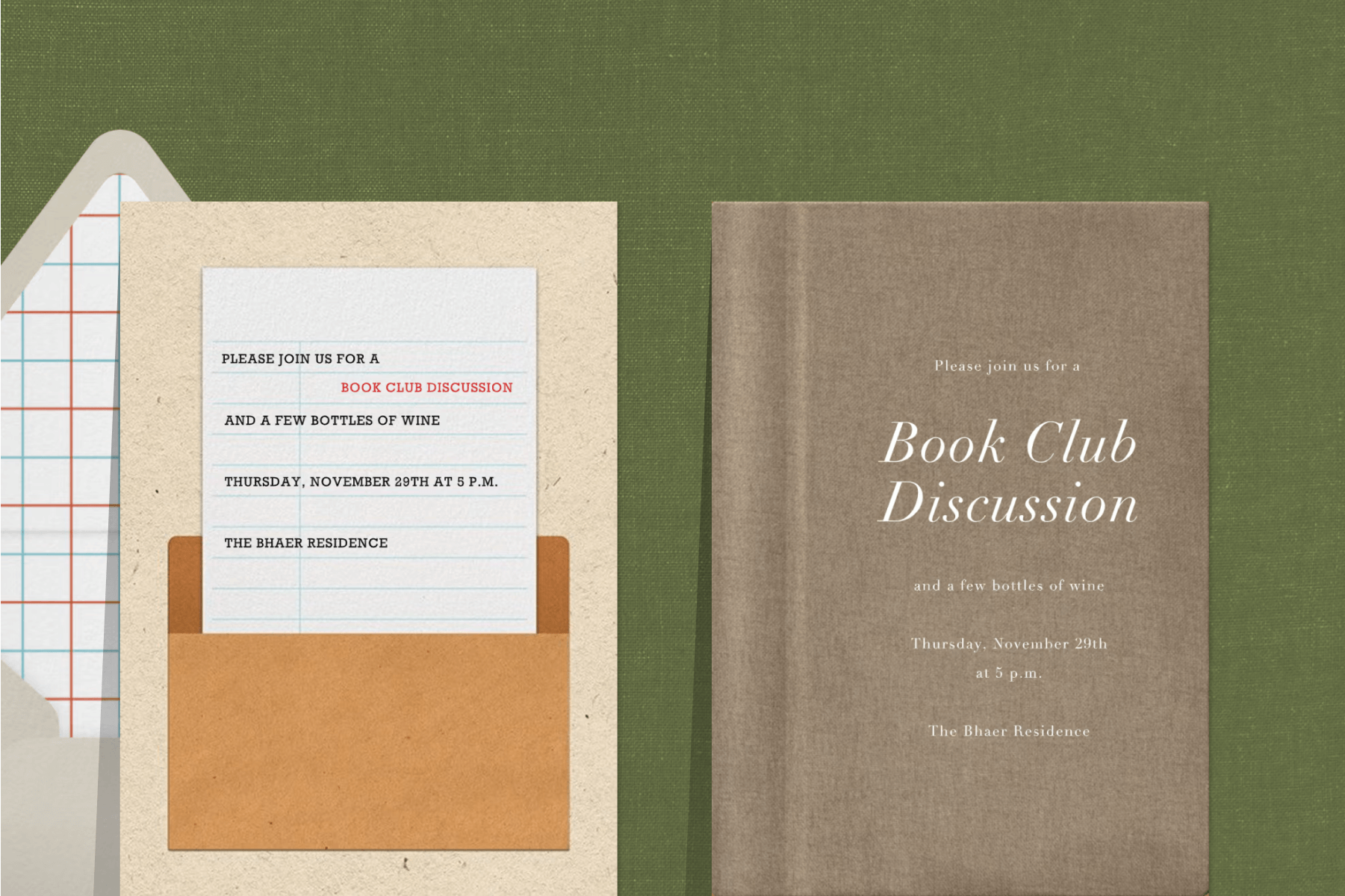 A book club invitation designed to look like a library checkout card and a brown book club invitation that looks like the cover of a book, both over a dark green backdrop.