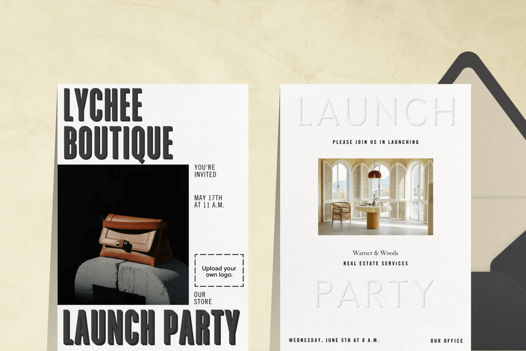 A launch party invitation with a product photo of a bag; A launch party invitation with a photo of a building interior. 