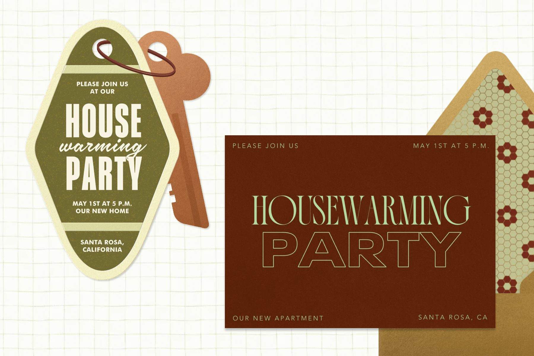 A dark green housewarming party invitation in the shape of a key and keychain; A brown housewarming party invitation with large, light-green text. 