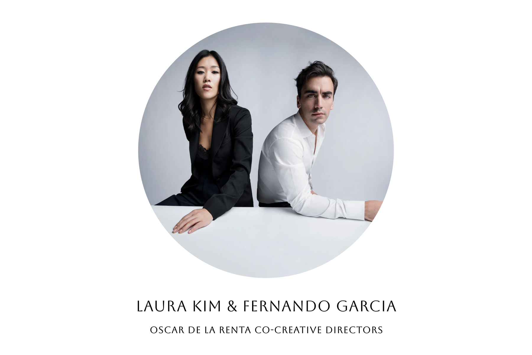 A photo of Oscar de la Renta Co-Creative Directors Laura Kim and Fernando Garcia. 