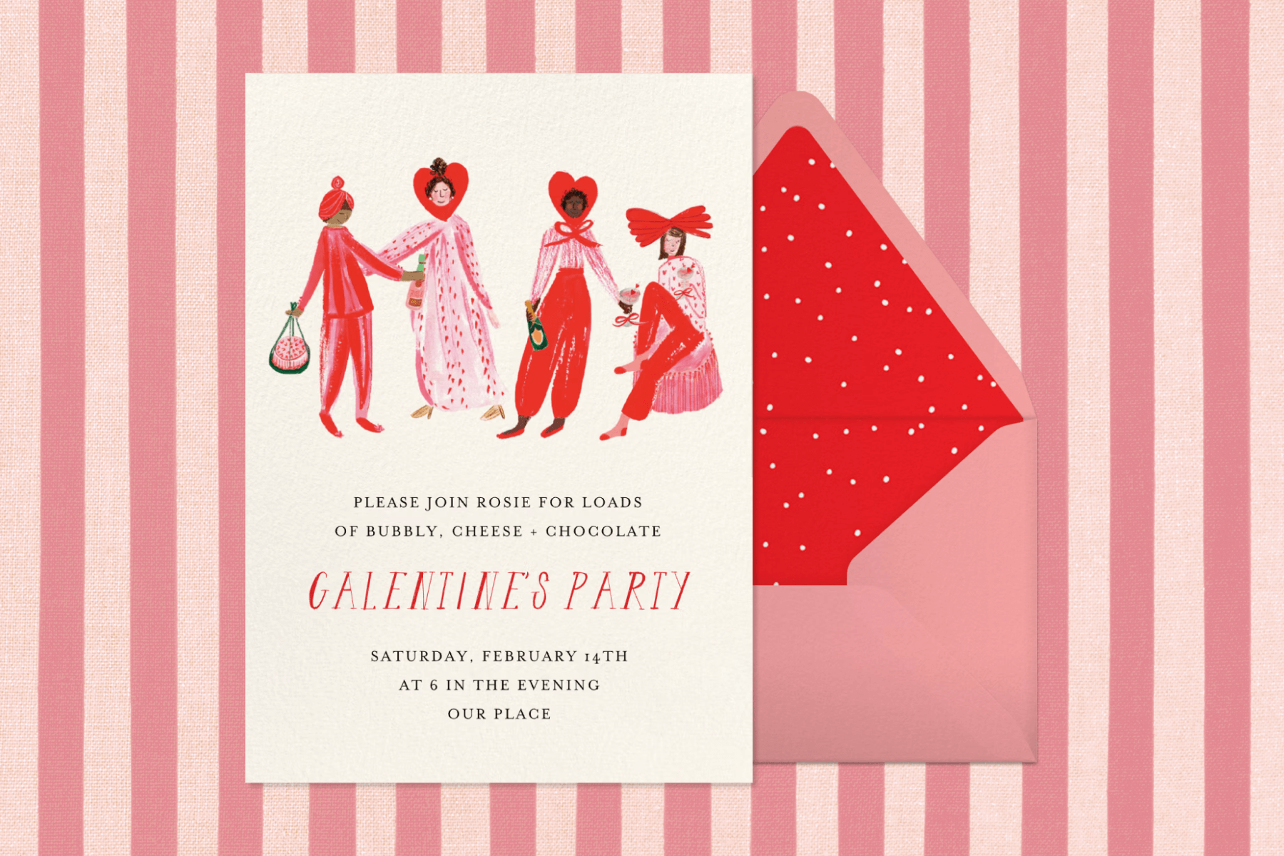 A Galentine’s Day party invitation with illustrations of women wearing heart-shaped headpieces over a pink striped backdrop. 