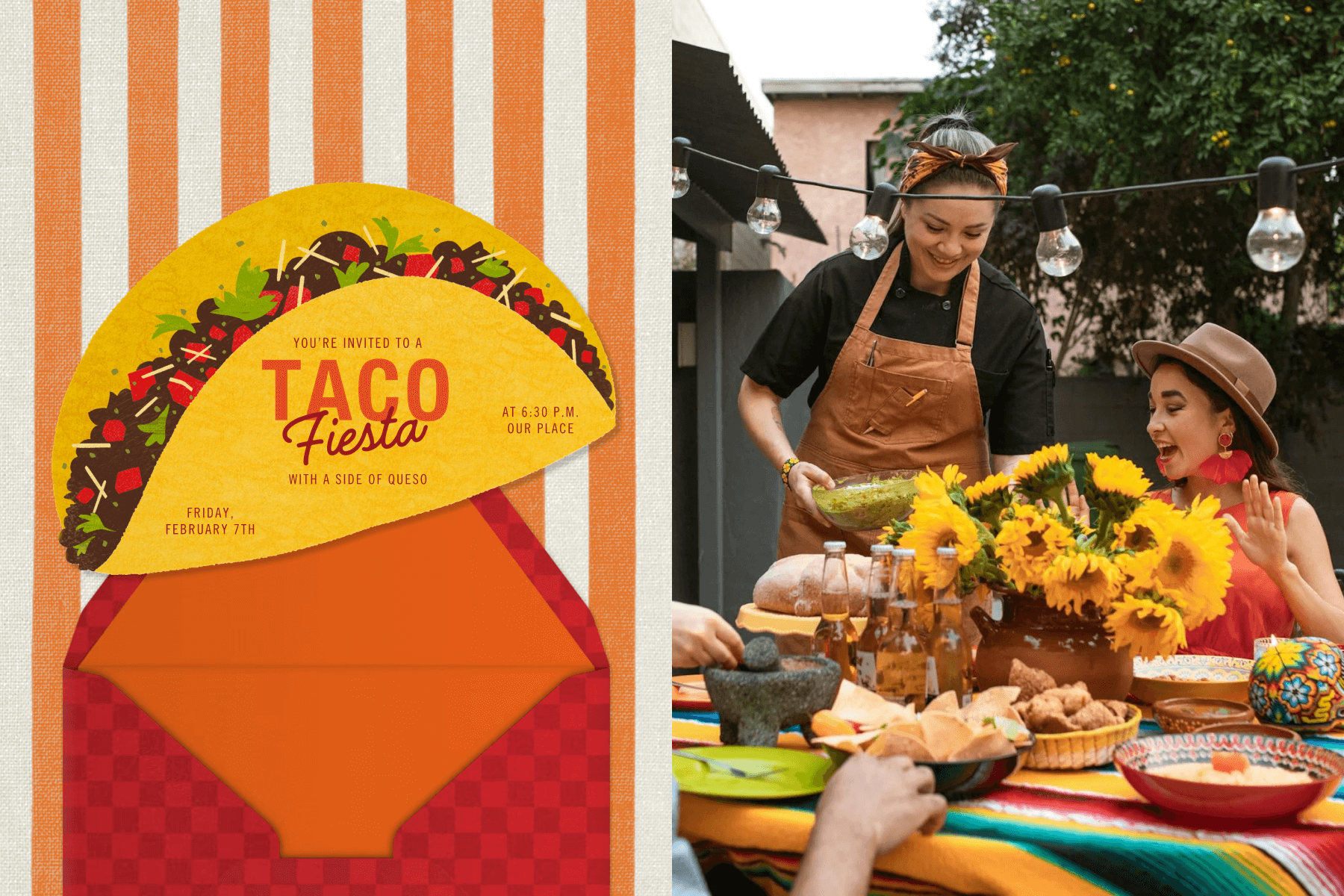 An invitation shaped like a taco over an orange and white striped background; An outdoor dinner party where guests are being served chips and guacamole at a dinner table set with sunflowers and a colorful tablecloth.