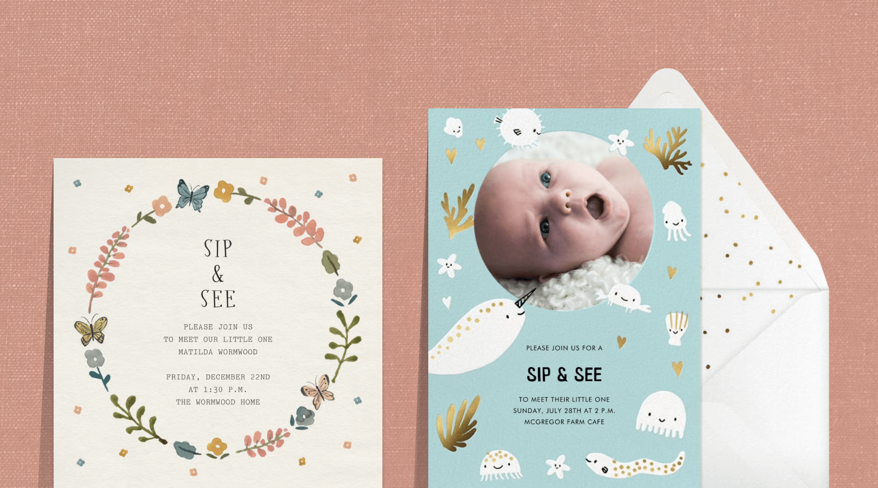 A sip and see invitation with a circular floral border with butterflies; A sip and see invitation featuring illustrations of undersea creatures and a photo of the baby. 