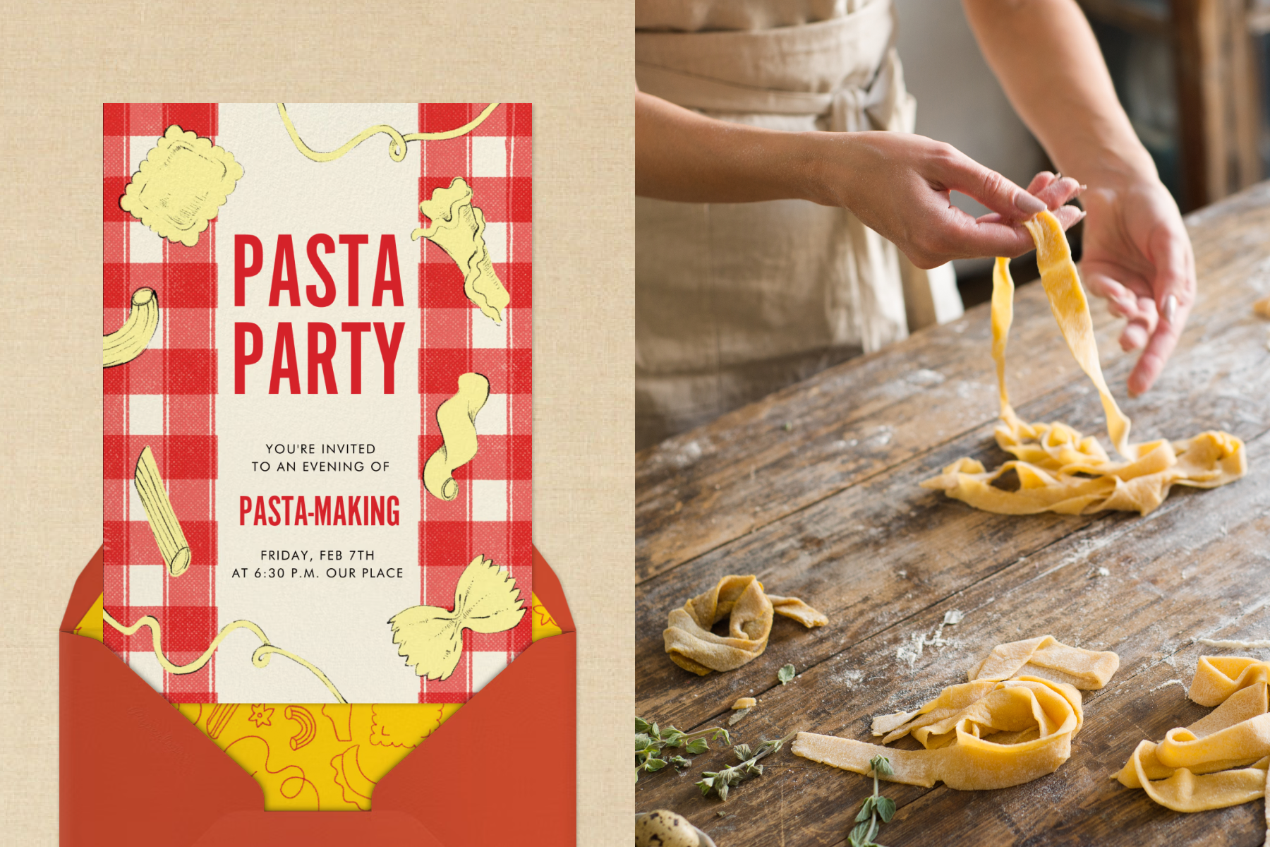 An invitation for a pasta party with a red gingham border and illustrations of different pasta shapes; A woman’s hands making handmade pasta noodles on a wooden table sprinkled with flour. 