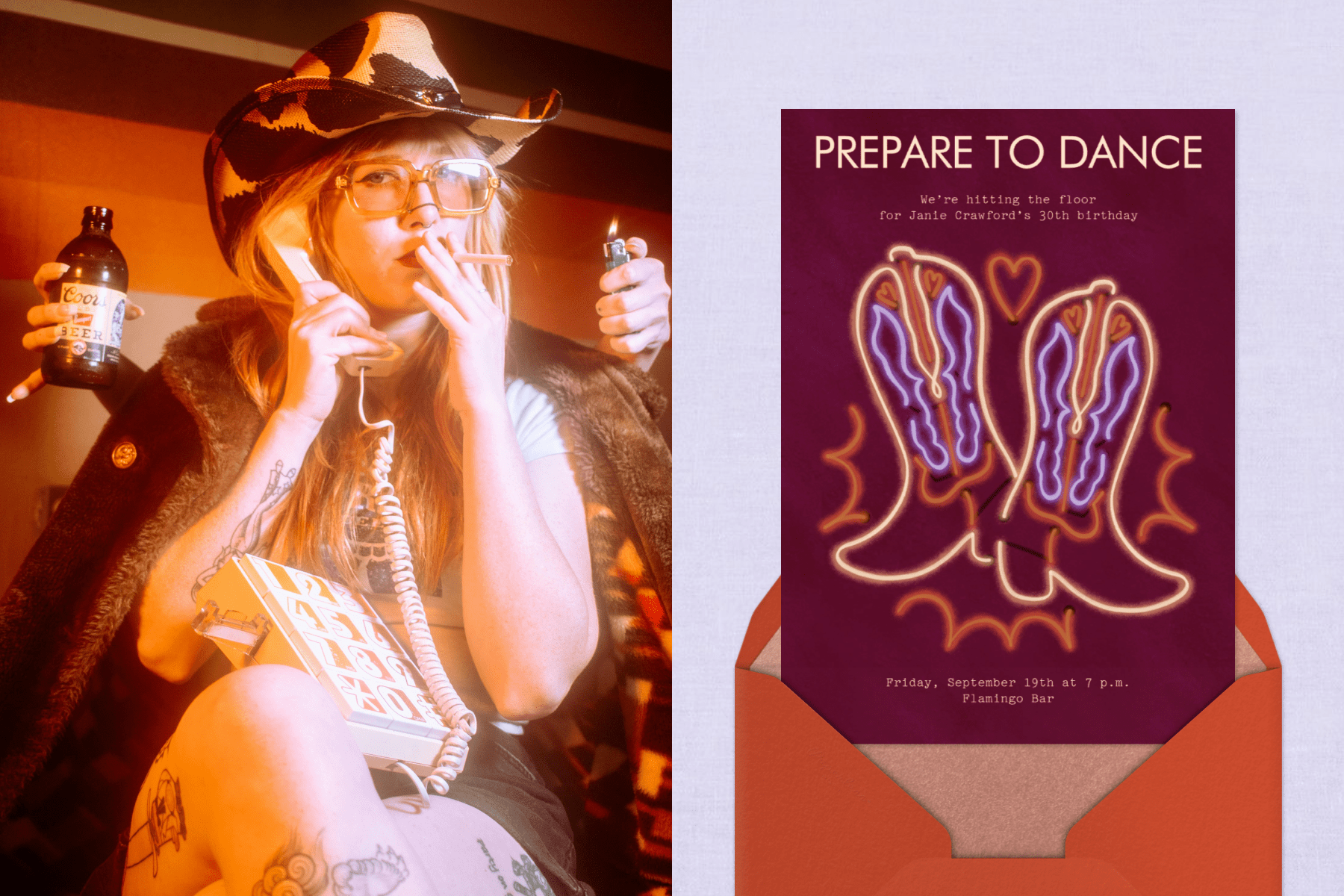 A woman decked out in cowgirl attire holding a landline telephone and smoking a cigarette; A 30th birthday invitation with neon cowboy boots.