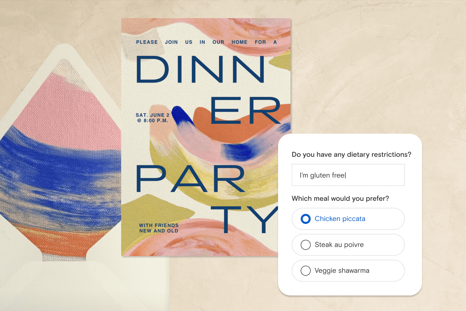 A dinner party invitation with a colorful abstract painted design, large text, and matching envelope, with a Guest Question asking about dietary restrictions and meal preferences. 