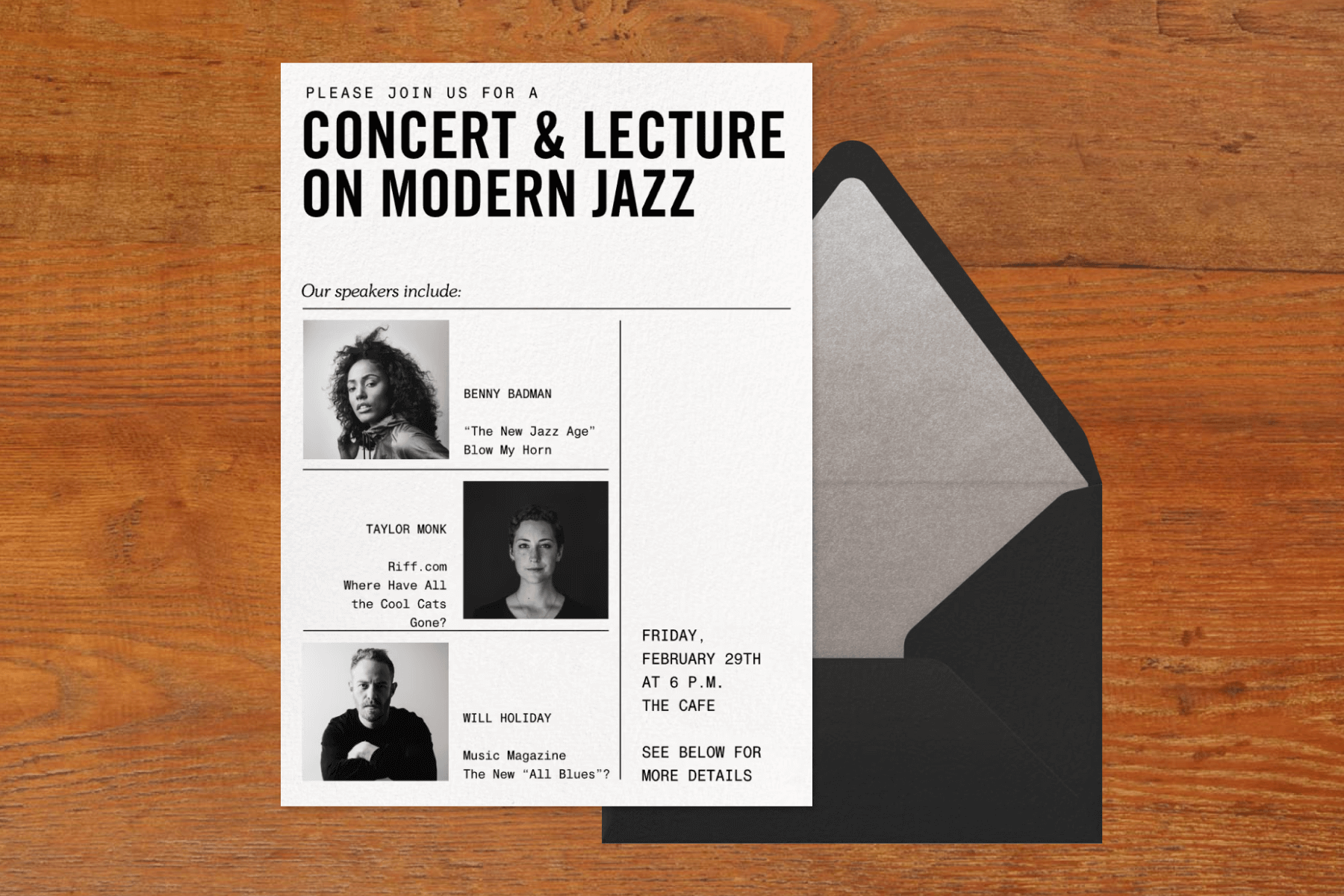 An invitation for a concert and lecture with black and white photos of the event speakers. 