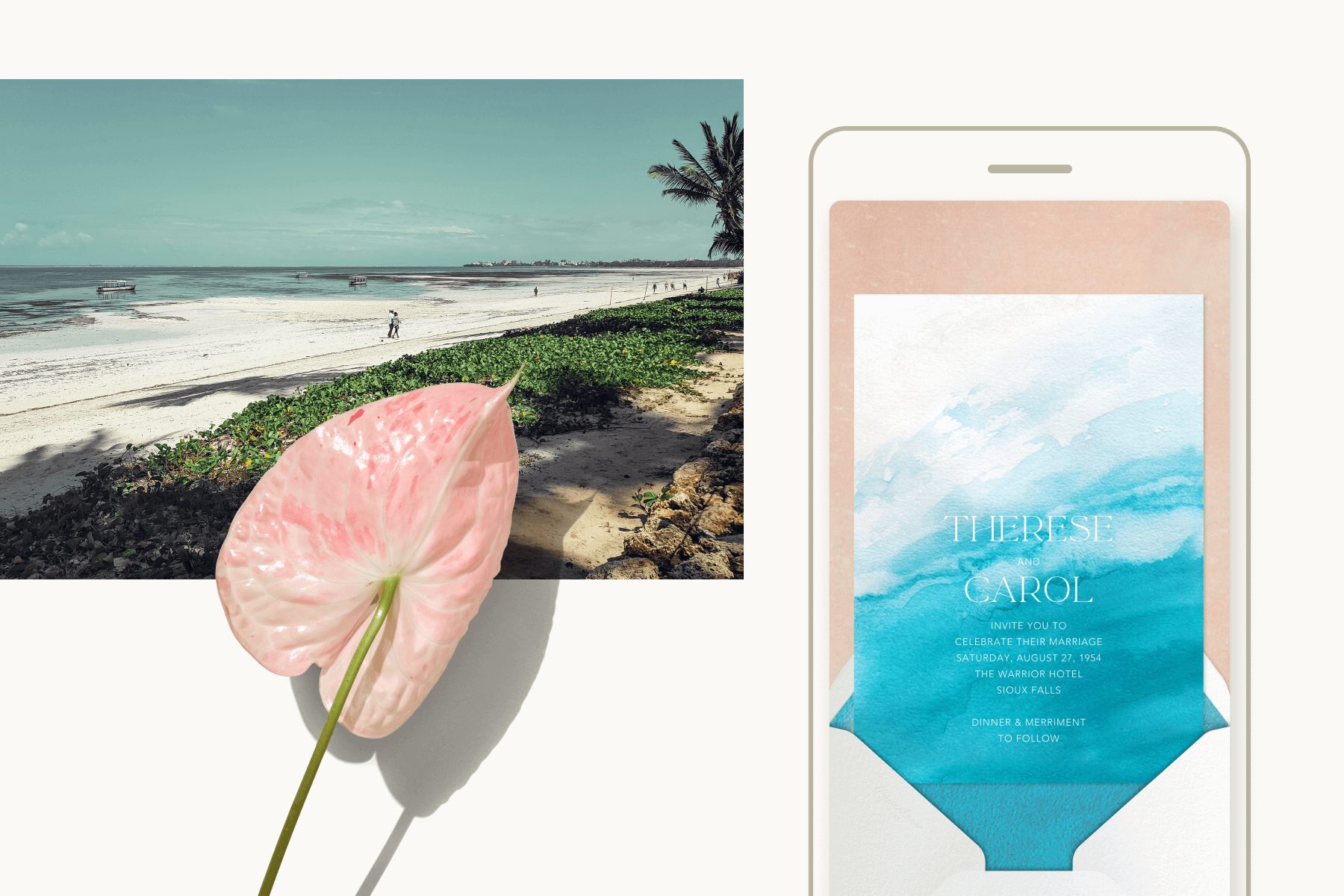 An image of a beach and a pink flower; A blue and white watercolor-style wedding invitation. 