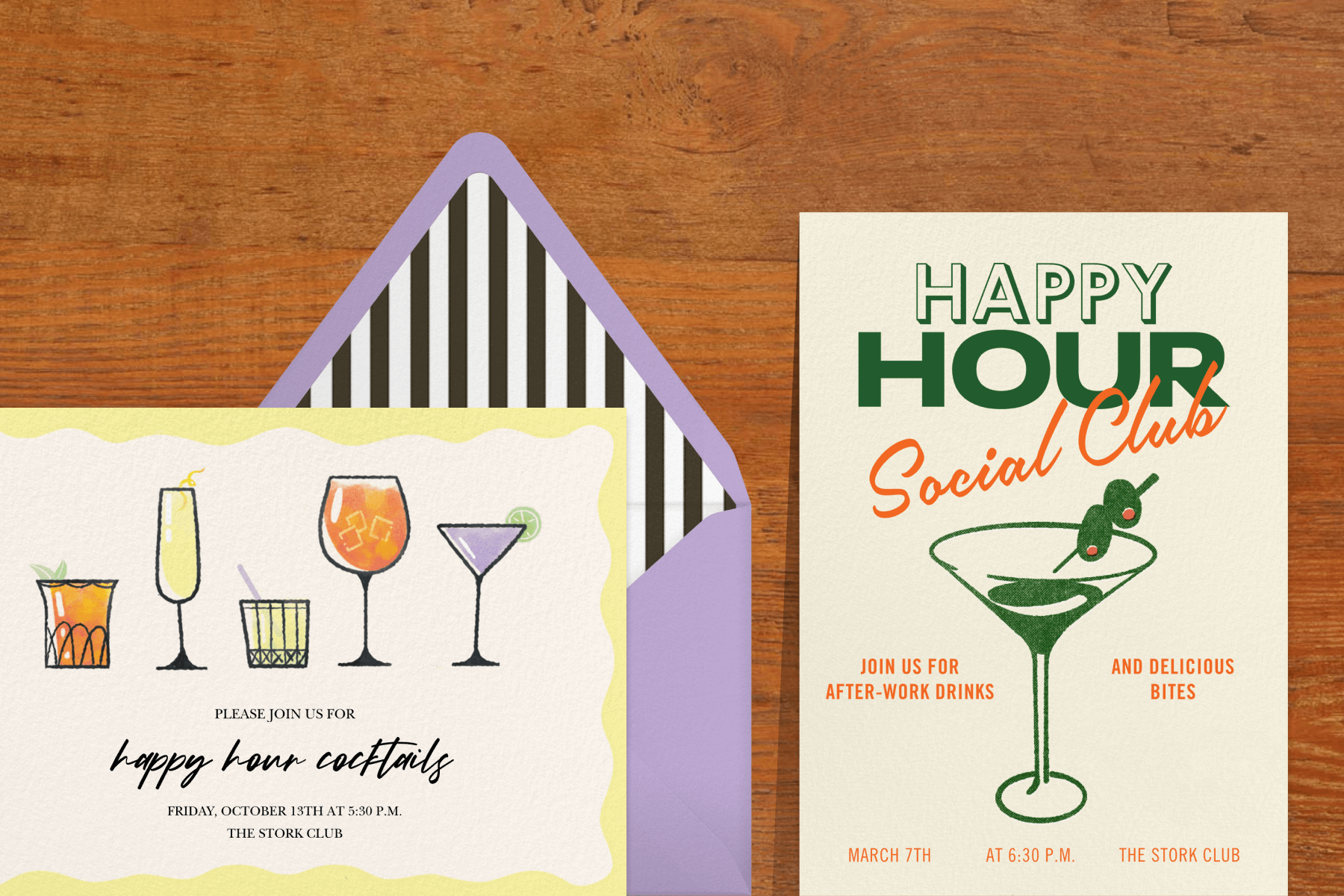 A happy hour invitation with illustrations of various cocktails; A happy hour invitation with an illustration of a martini with olives. 