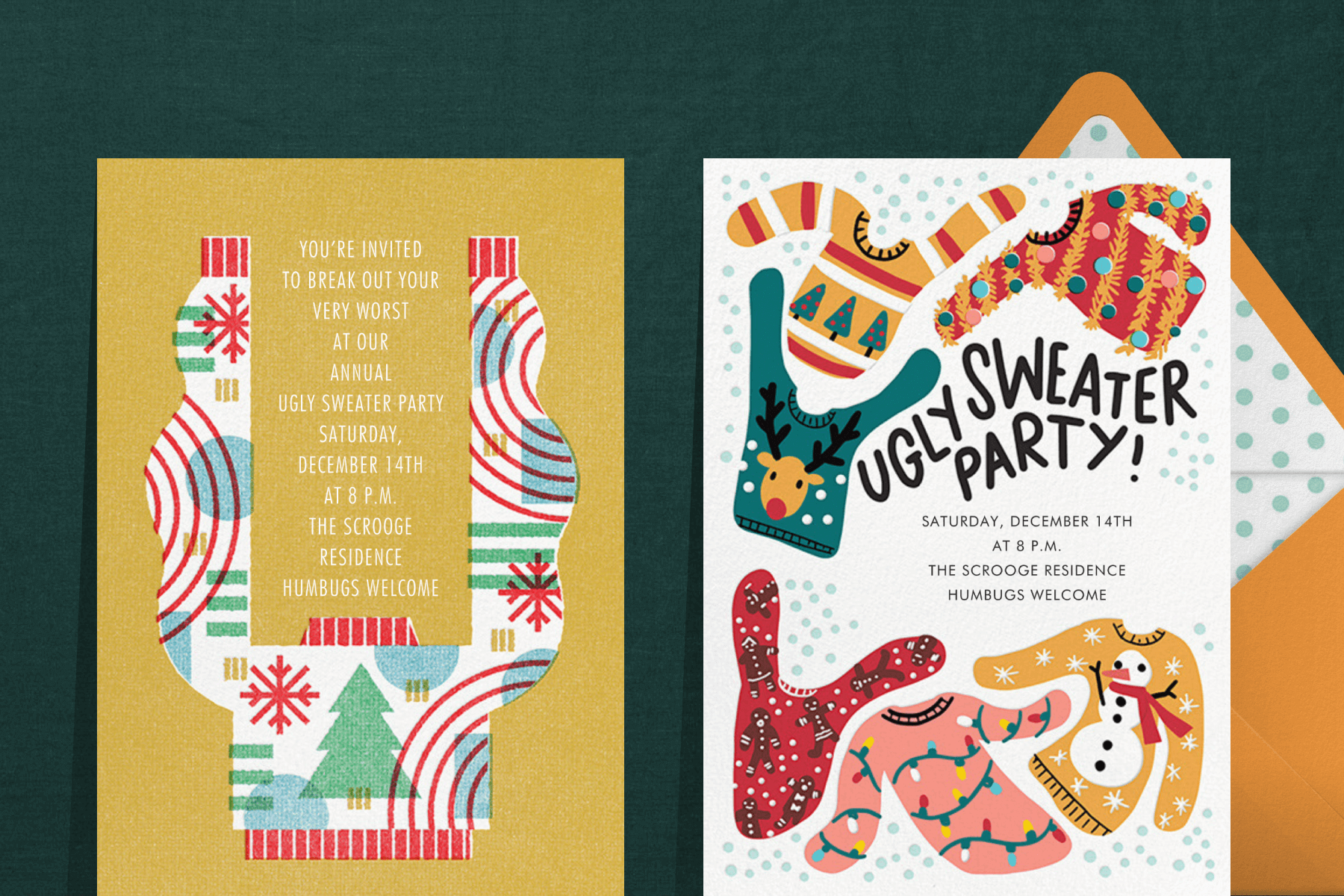 A holiday invitation with a patterned Christmas sweater with raised sleeves and text on a gold background; A holiday invitation with multiple Christmas sweater illustrations and text reading ‘UGLY SWEATER PARTY!’. 